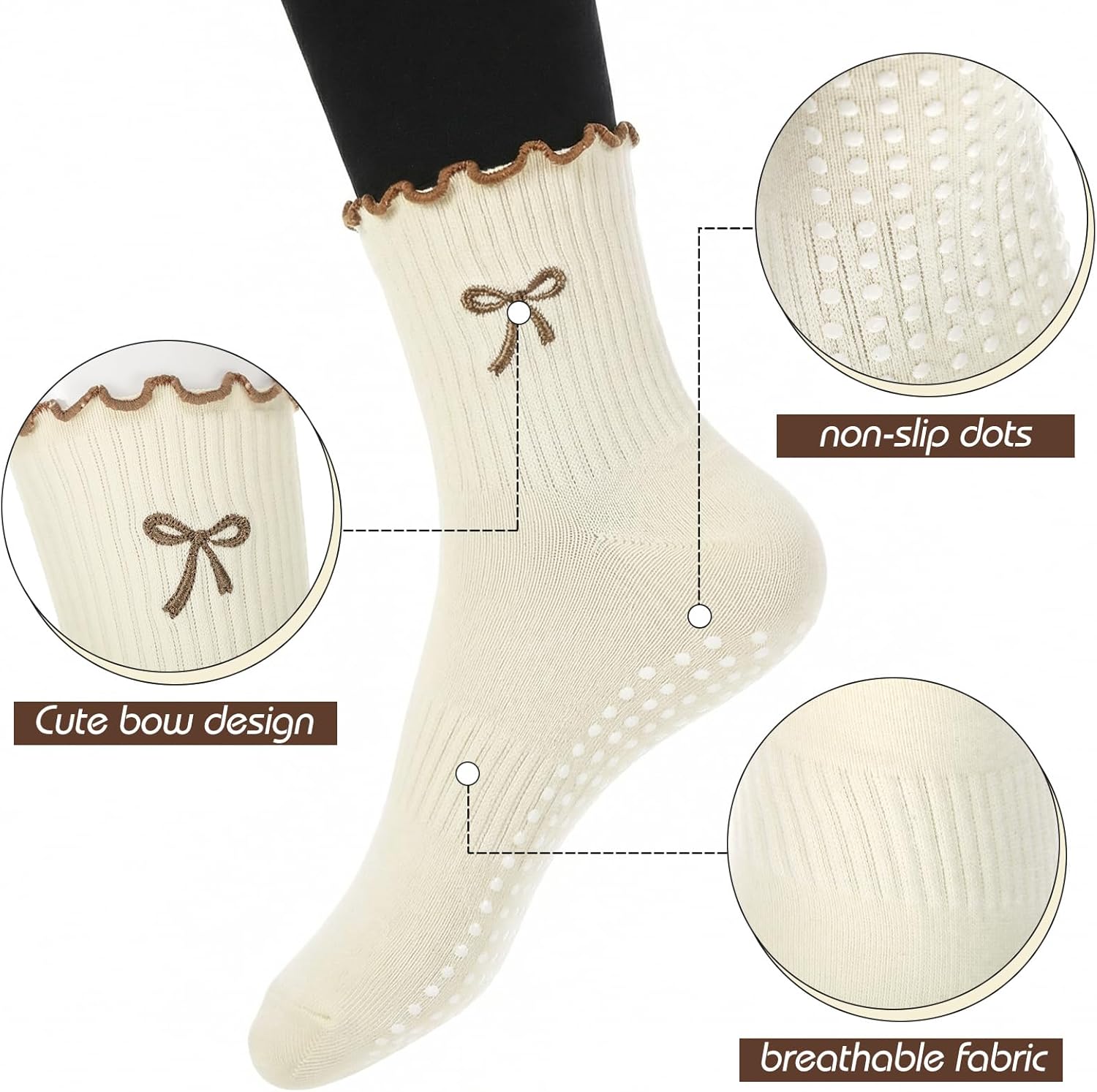 Jeyiour 4 Pairs Cute Pilates Grip Socks for Women, Ruffle Non Slip Crew Grippy Yoga Socks with Bow for Gym Ballet Barefoot - Image 4