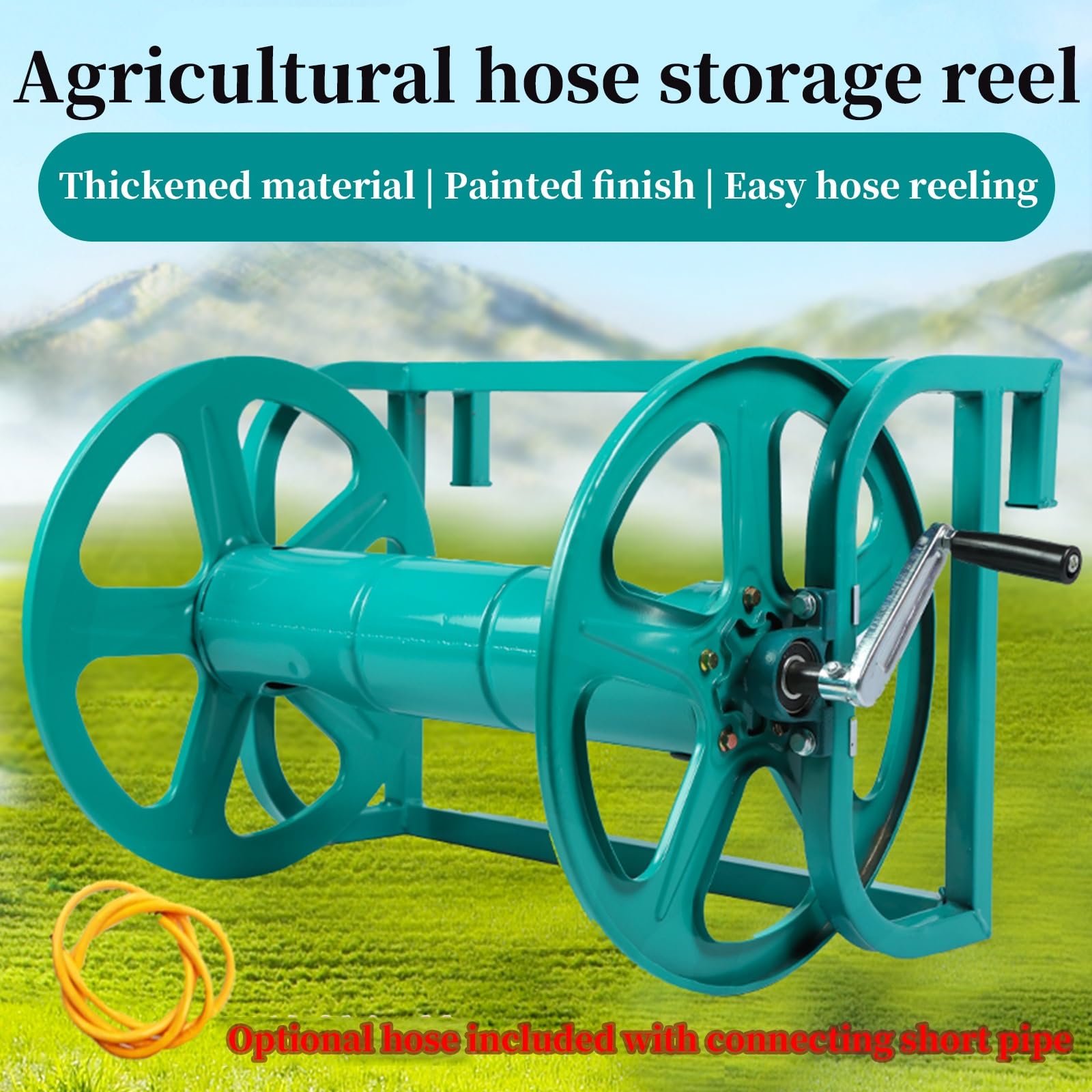 FORRTY Metall Landwirtschaftliche Schlauchtrommel, Handkurbel Schlauchaufroller,Gartenschlauch Schlauchtrommel Schwerlast,Wand/Boden/Ladeflächenmontage,Schlauchwagen for Autowäsche(5m Hose,100m)