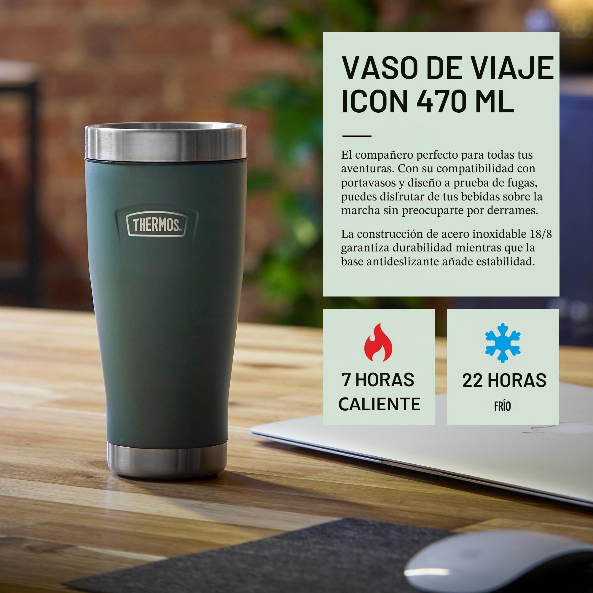 Thermos - Icon Rock Cap - Vaso de viaje verde (470 ml), taza de café de acero inoxidable aislada reutilizable para bebidas calientes o frías, termo de agua sellado al vacío con tapa a prueba de fugas