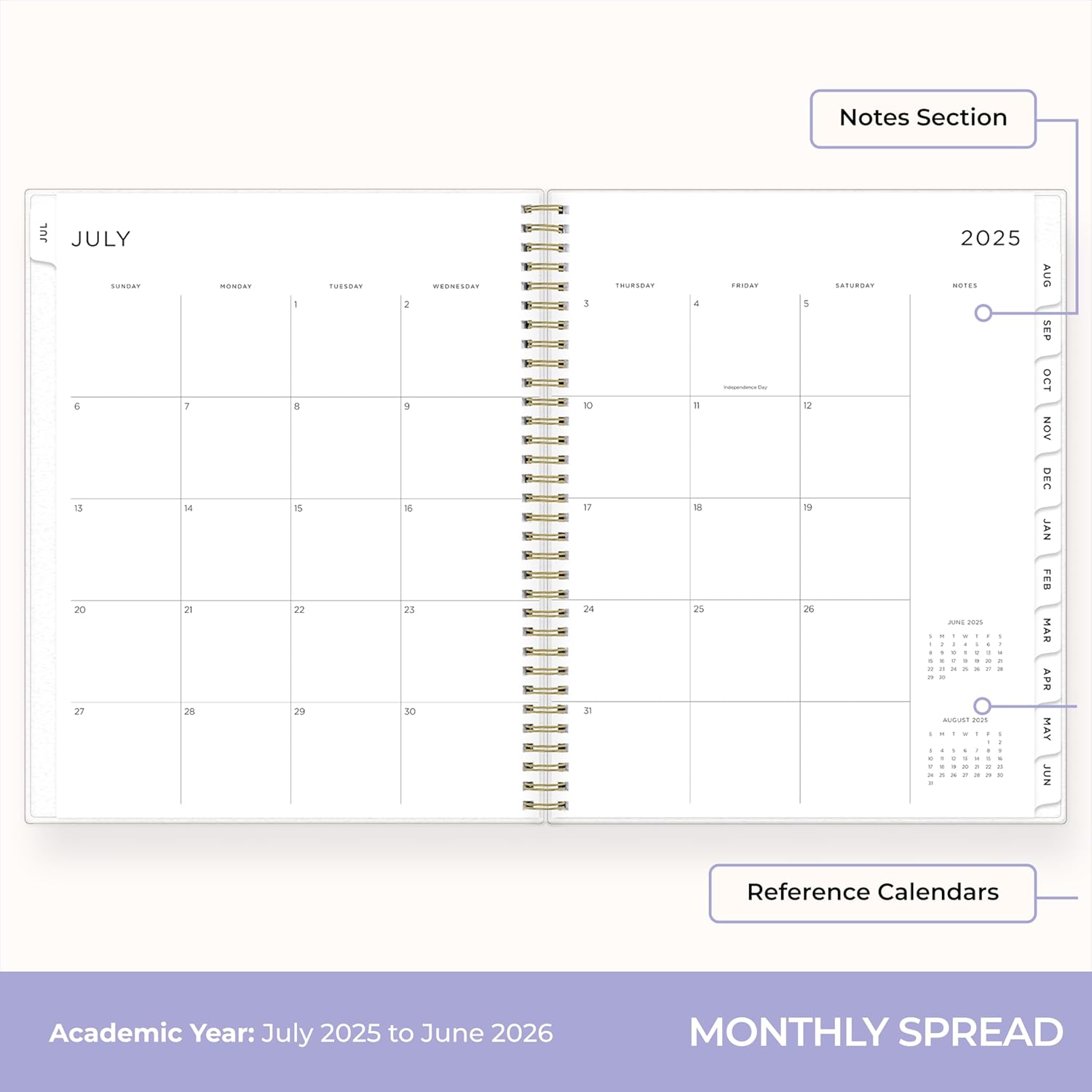 Blue Sky Ashley G 2025-2026 Weekly and Monthly Academic Year Planner Calendar, July 2025 - June 2026, 8.5" x 11", Flexible Cover, Wirebound, Laminated Tabs, Multi Color Smoke