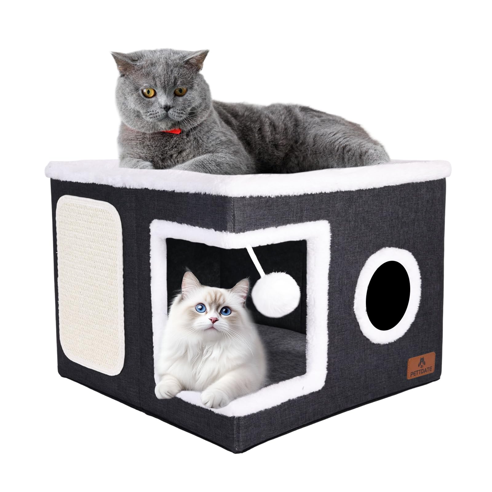 Cat House for Indoor Cats, Large Cat Cave Bed with Scratch Pad and Fluffy Ball, Foldable Cat Hideaway, Cat Bed with Reversible Cushion for Multi Small Pet 41D x 41W x 32H cm, Dark Grey