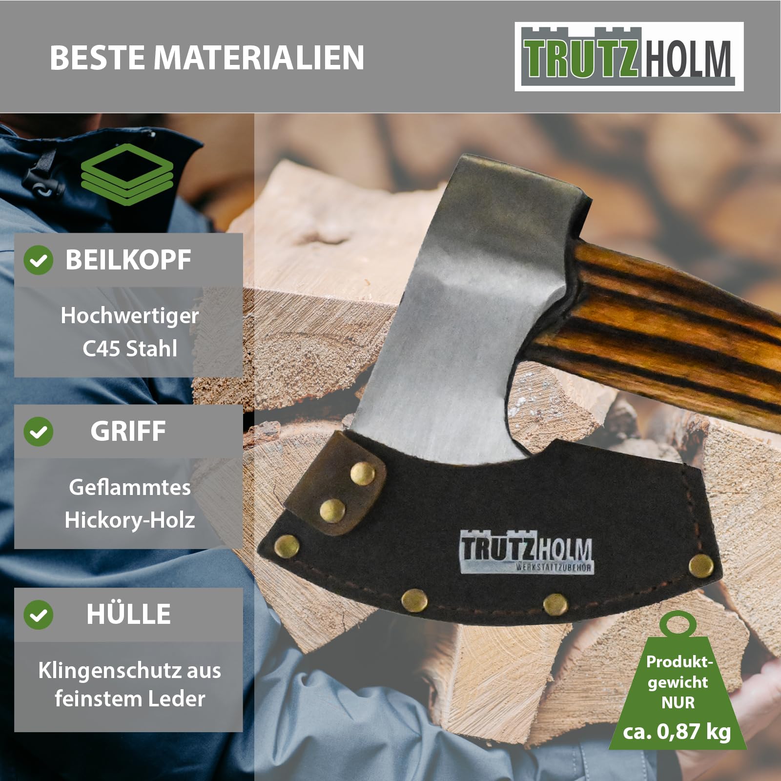 TRUTZHOLM Axt/Beil Vintage aus C45 Stahl Griff aus Hickoryholz geflammt Freizeitbeil zum Spalten von Holz, Entasten von Bäumen mit Klingenschutz aus Leder (Beil 320 mm)