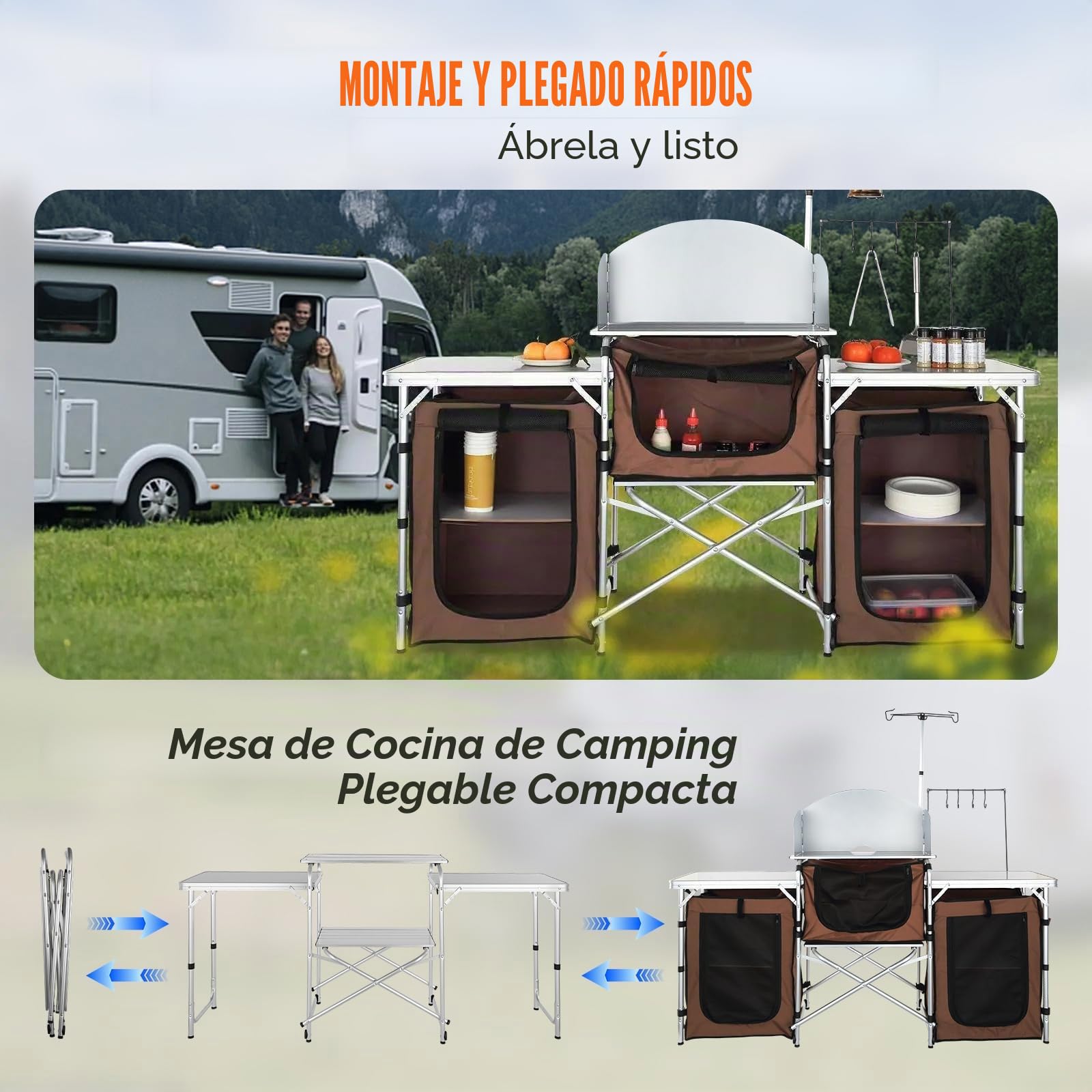 VEVOR Mueble de Cocina para Camping 174x176x46 cm Armario de Camping Plegable Portátil Estructura de Aluminio Altura Ajustable Mesa de cocina para acampar con Bolsa de Transporte para Barbacoa Pícnic