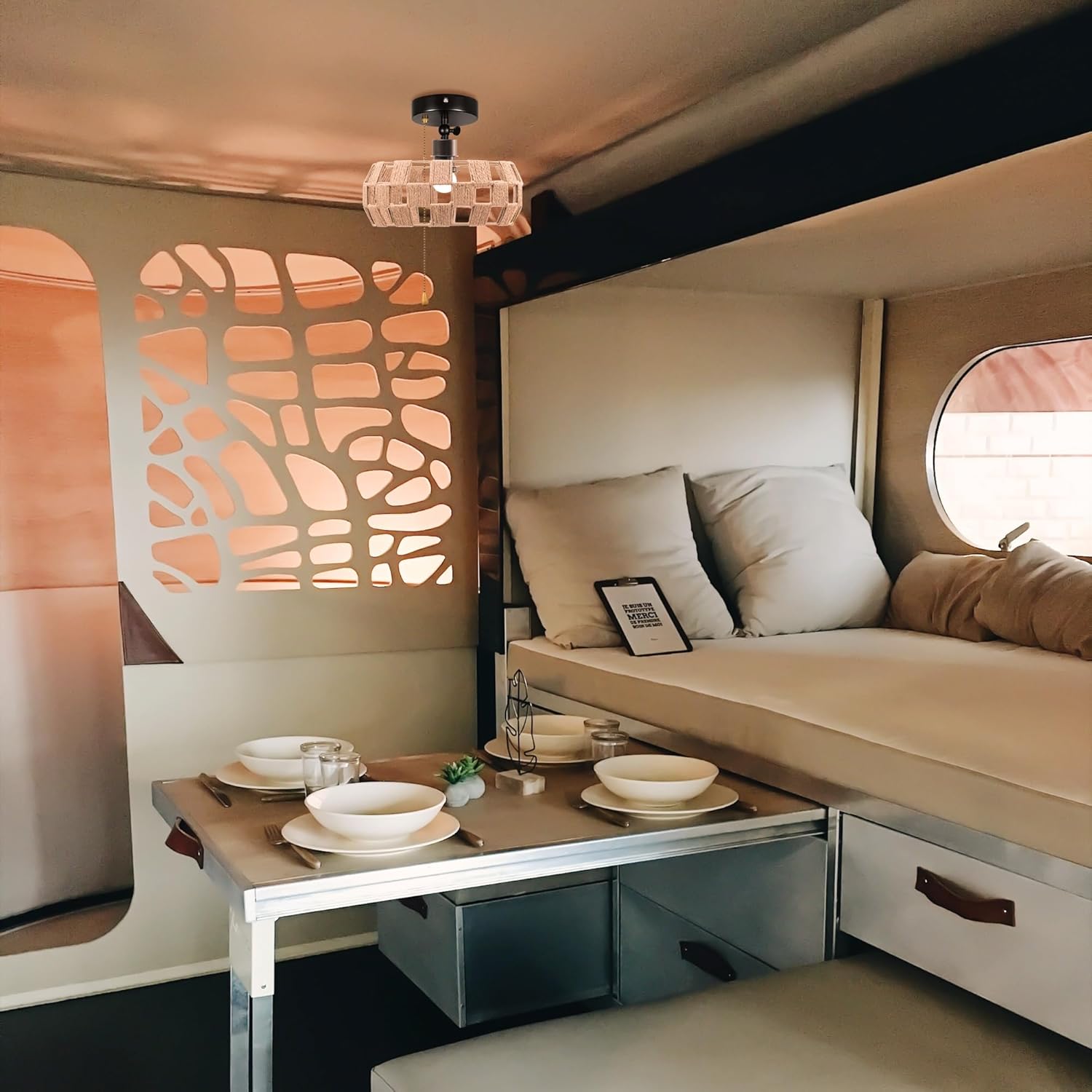 Adjustable Light, Zipper Switch 12V RV Industrial Natural Boho Style Mosaic Woven Rattan Drum Cover, E26 Socket Semi Flush Mount Interior Lighting Decorative for Boat Camper Hallway