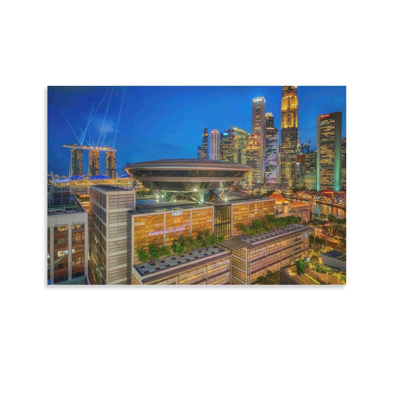 CPLVKWRQJ Singapore Skyline Night Single Piece Singapore City Skyline at Glowing Night Canvas Art - Kitchen Canvas Wall Decor Removable Multi-Purpose Ready to Hang 20x30inch(50x75cm)