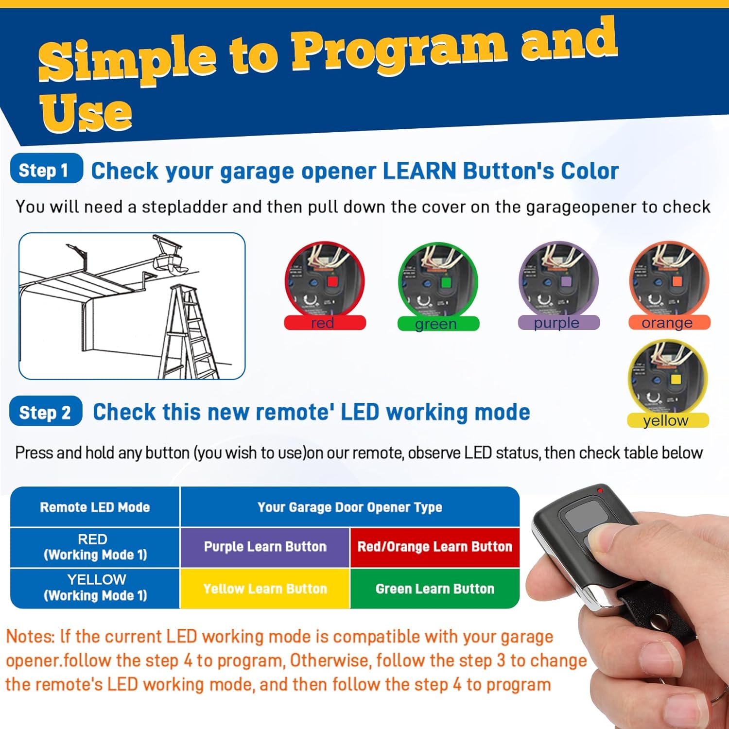 2 Garage Door Opener Remote Keychain, for liftmaster Craftsman Chamberlain Garage Door Opener Remote Universal, Work with Yellow Purple Red Orange Green Learn Button, 893max 893lm 890max 891lm 4