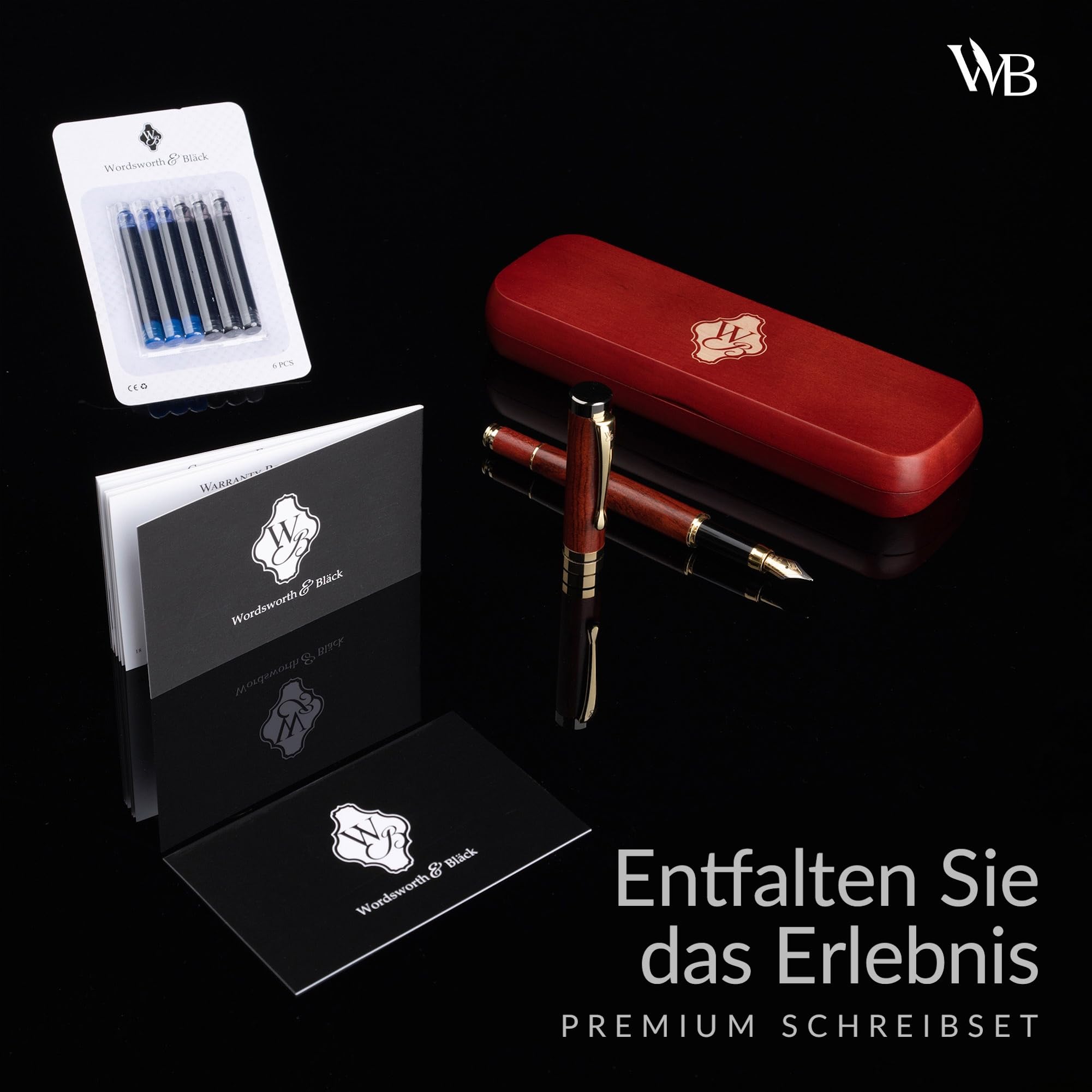 Wordsworth & Black Füllfederhalter Set, Premium Bambusholz - Mittlere Feder, Geschenketui; Enthält 6 Tintenpatronen, Tinten Nachfüll Konverter - Journaling, Kalligraphie, [Rosenholz]