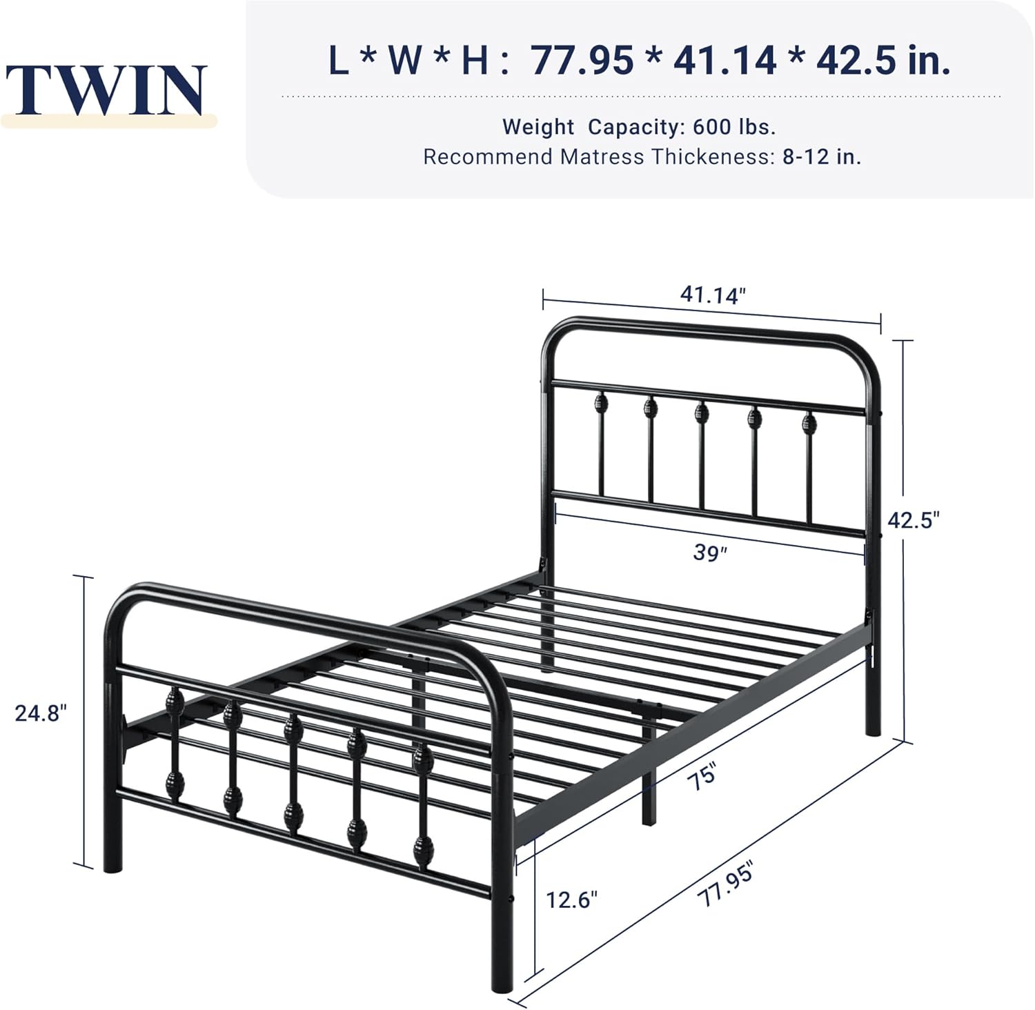 Allewie 14 Inches Twin Size Metal Platform Bed Frame with Victorian Style Iron-Art Headboard/Footboard, Mattress Foundation, Easy Assembly, Under Bed Storage, No Box Spring Required, Black