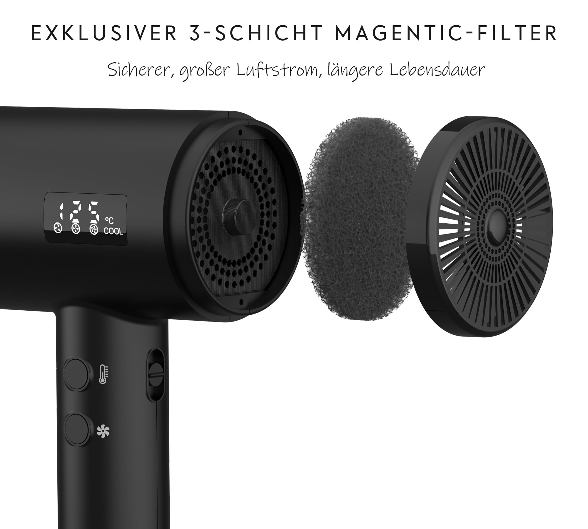 AINA Professioneller Haartrockner (neue Tech)2300W Föhn mit Diffusor,Bürstenkamm für Frauen | BLDC Bürstenloser Motor 150.000 U/min | Ionic | LED-Anzeige | 4 magnetische Aufsätze 230V/EU(Schwarz)