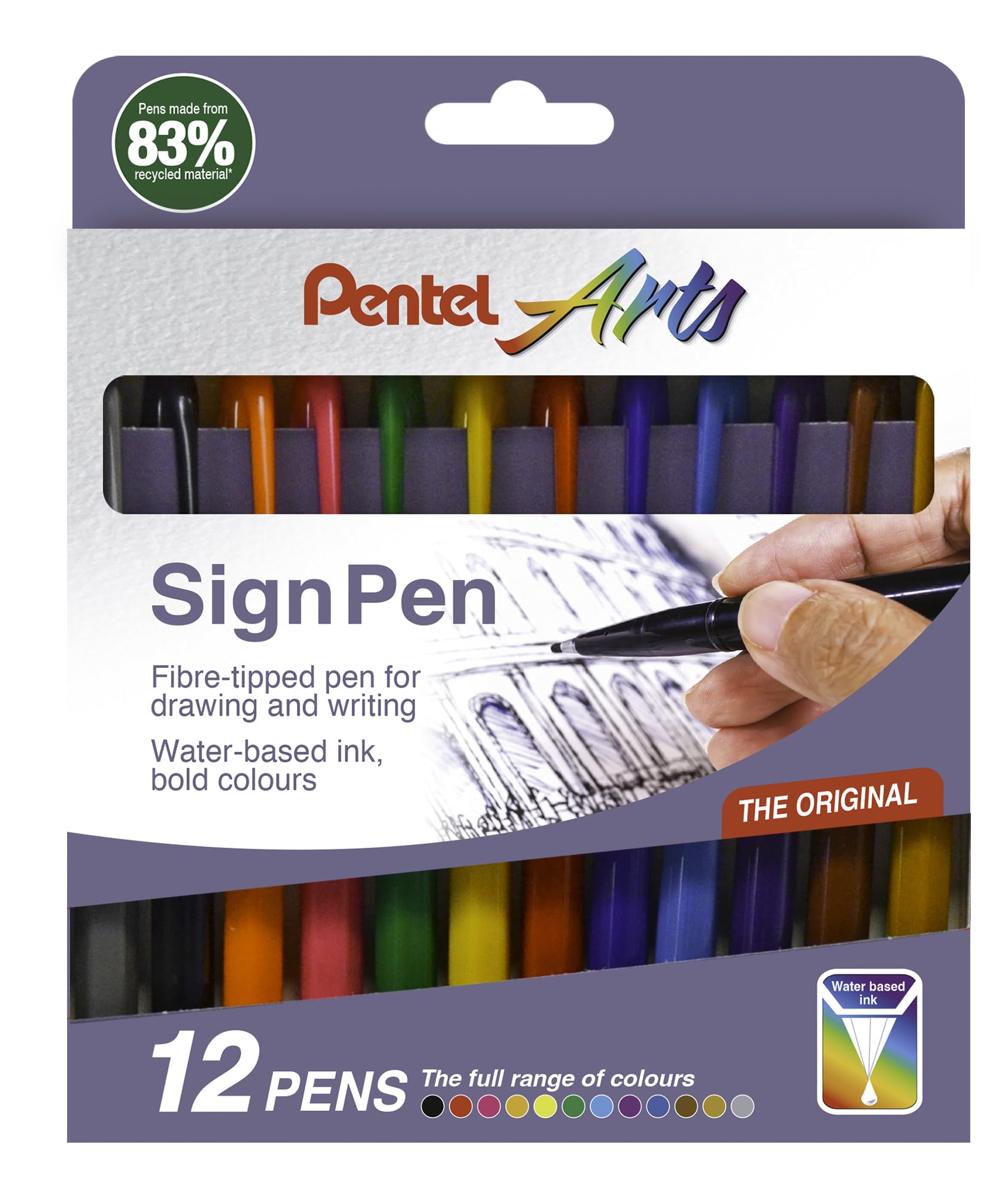 Pentel S520 Sign Pen, 2.0mm Fibre Tip 1.0mm Line, Original Colours (Wallet of 12)