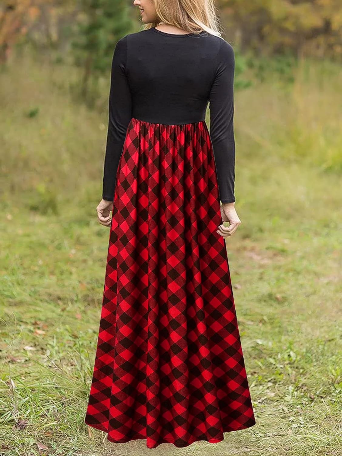 MEROKEETY Women's Long Sleeve Plaid Empire Waist Full Length Maxi Dress with Pockets - Image 3