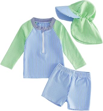 Toddler Baby Boys Seersucker Long Sleeve Swimsuit Trunks Bathing Suit Swimwear with Hat 3Pcs Rash Guard Set
