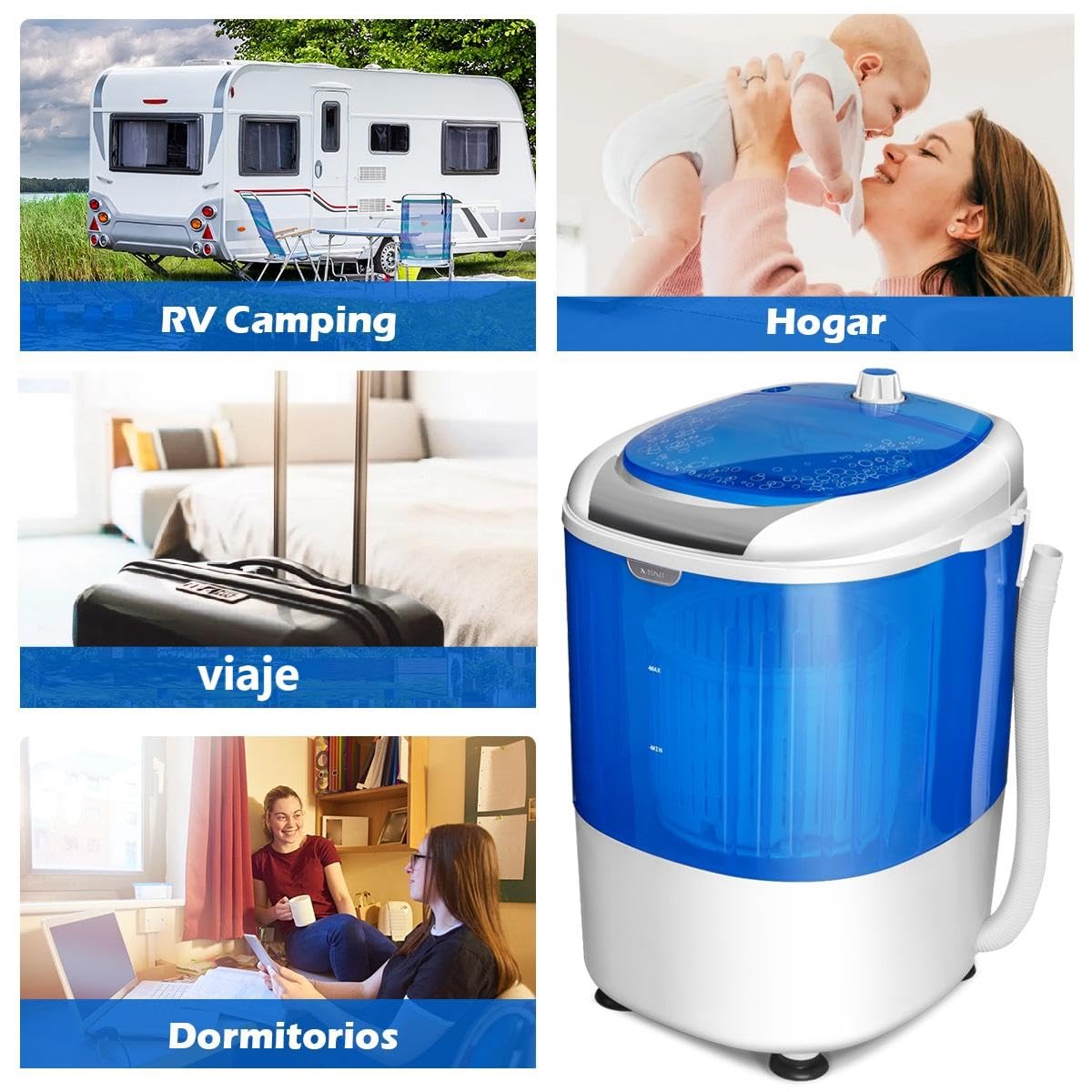 COSTWAY 2,5 kg Lavadora Portatil, 170W Mini Lavadora Semiautomática con Centrifugador para Camping, 2 en 1 Lavadora Pequeña con Pulsador y Bañera Giratoria para Viajes y Caravanas Camper