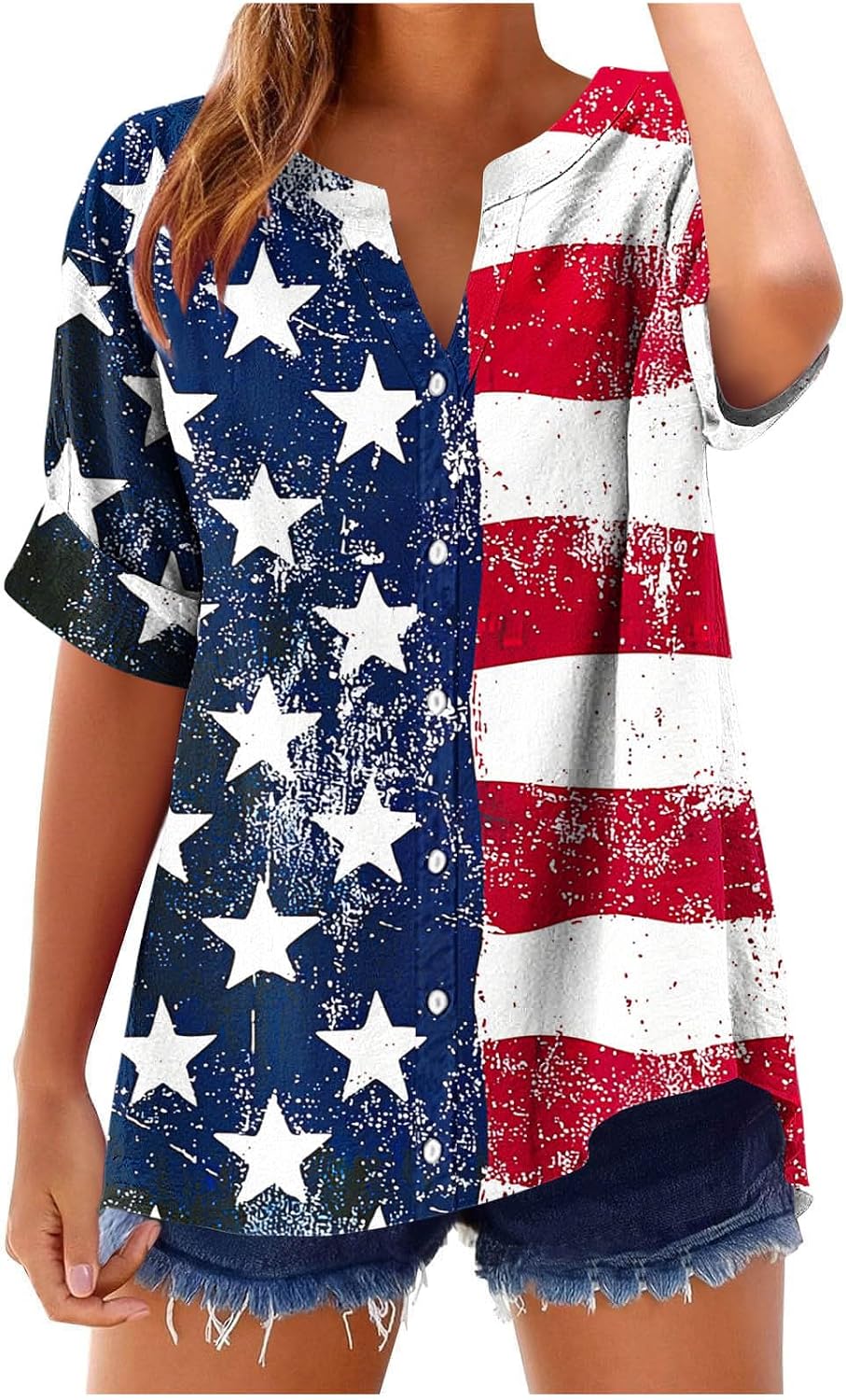 Blouses for Women Short Sleeve Button Down V Neck Loose Henley Shirts 2026 Summer Tops Independence Day Outfit