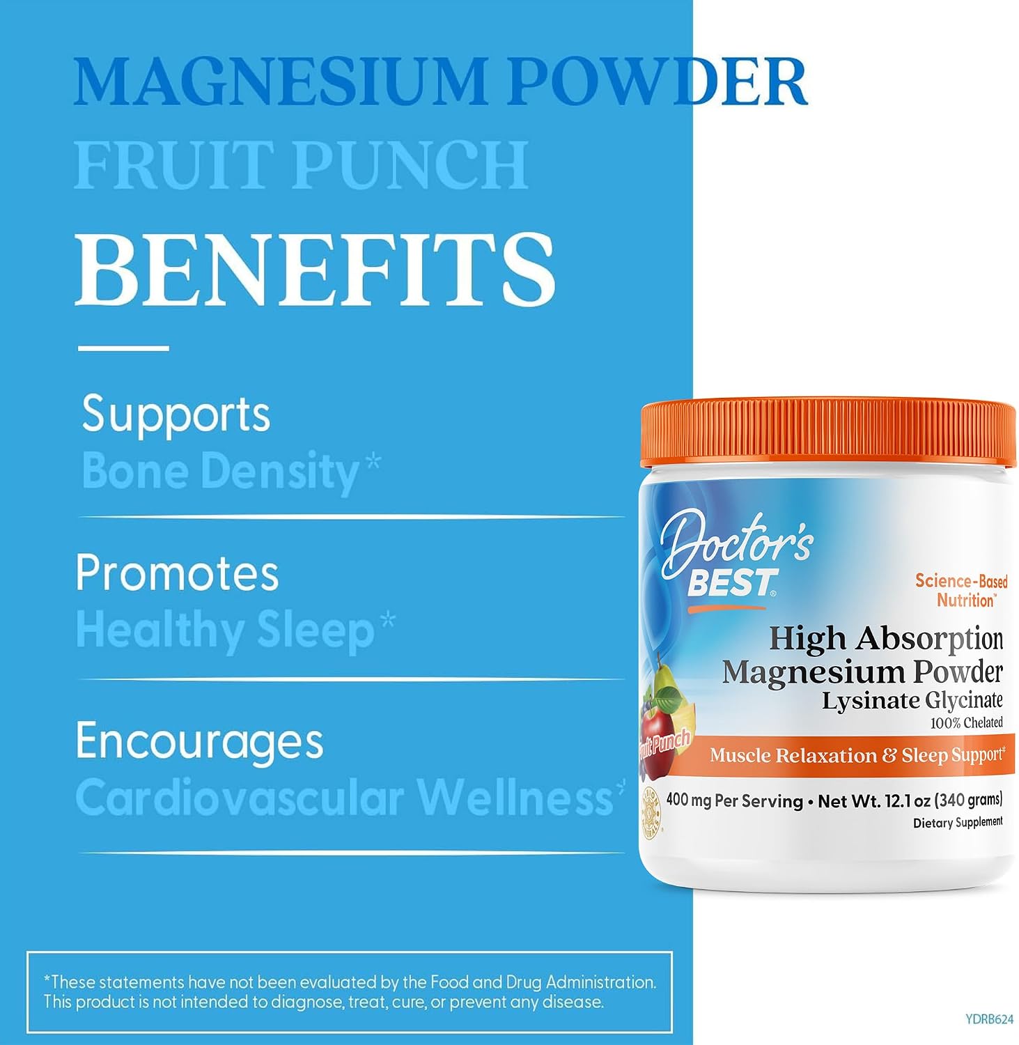 Doctor's Best Magnesium Glycinate Powder for Calm & Sleep Support - Magnesium Supplement for Men & Women, 400 mg Per Serving, 100% Chelated, High Absorption, Fruit Punch Flavor, Gluten Free - 12.1 oz