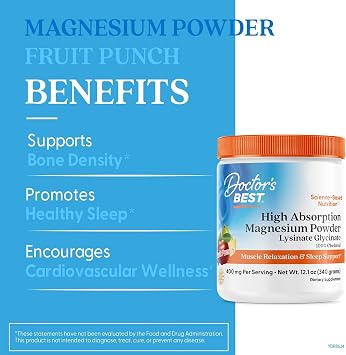 Doctor's Best Magnesium Glycinate Powder for Calm & Sleep Support - Magnesium Supplement for Men & Women, 400 mg Per Serving, 100% Chelated, High Absorption, Fruit Punch Flavor, Gluten Free - 12.1 oz