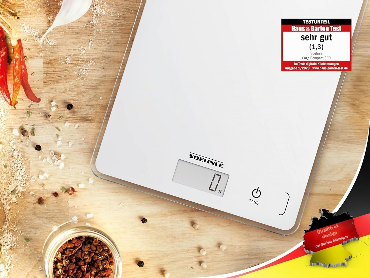 Soehnle Báscula de cocina Page Compact 300, báscula digital que pesa entre 1 g y 5 kg, peso de cocina con diseño elegante y con pantalla LCD, blanco