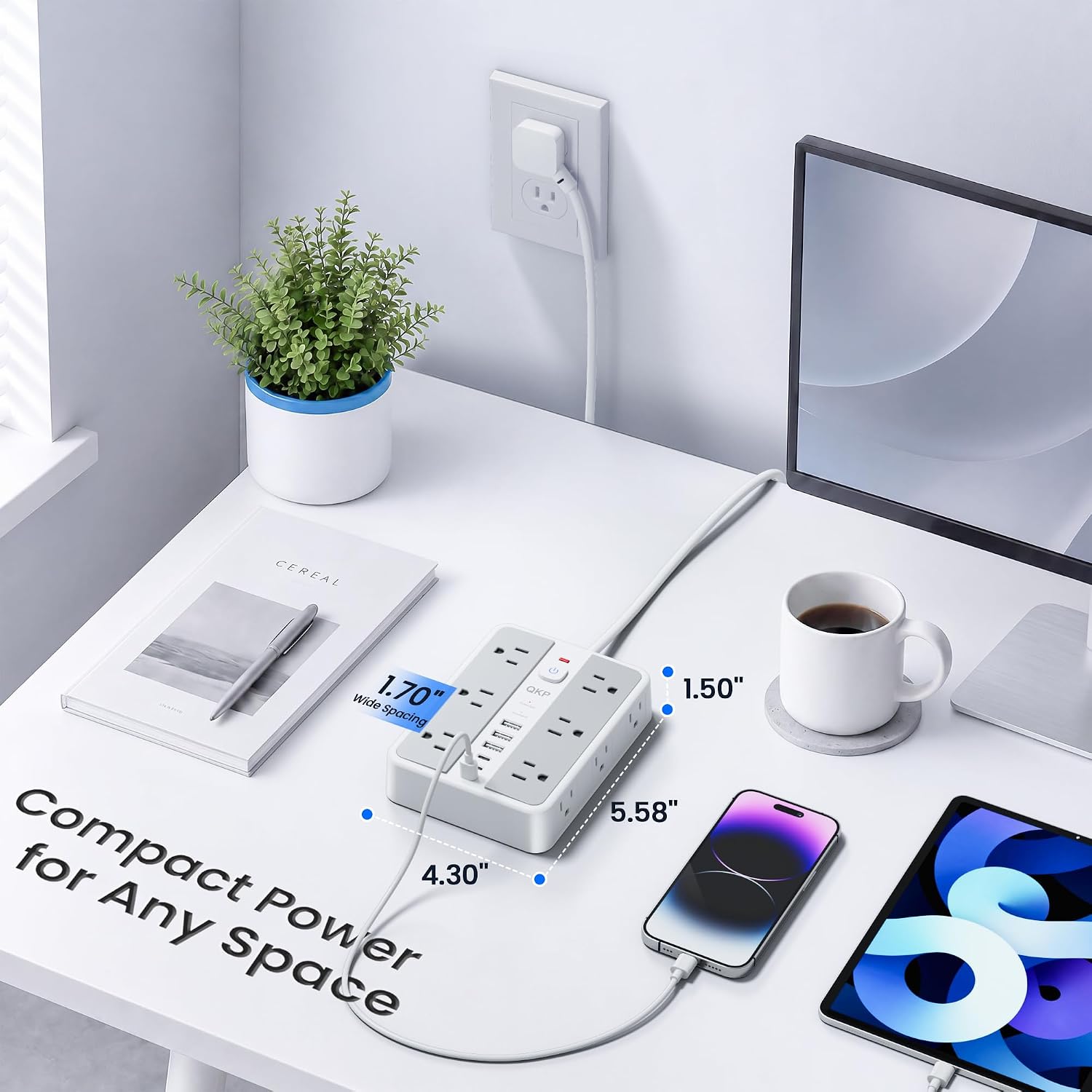 6 FT/ 2400J Surge Protector Power Strip, 12 Outlets, 6 USB (3 USB C) | 3 USB-A & 3 USB-C Ports, 1.7" Wide-Spaced Outlets，2400J Surge Protection, 1875W/15A Flat Plug Extension Cord for Home, Office thumbnail