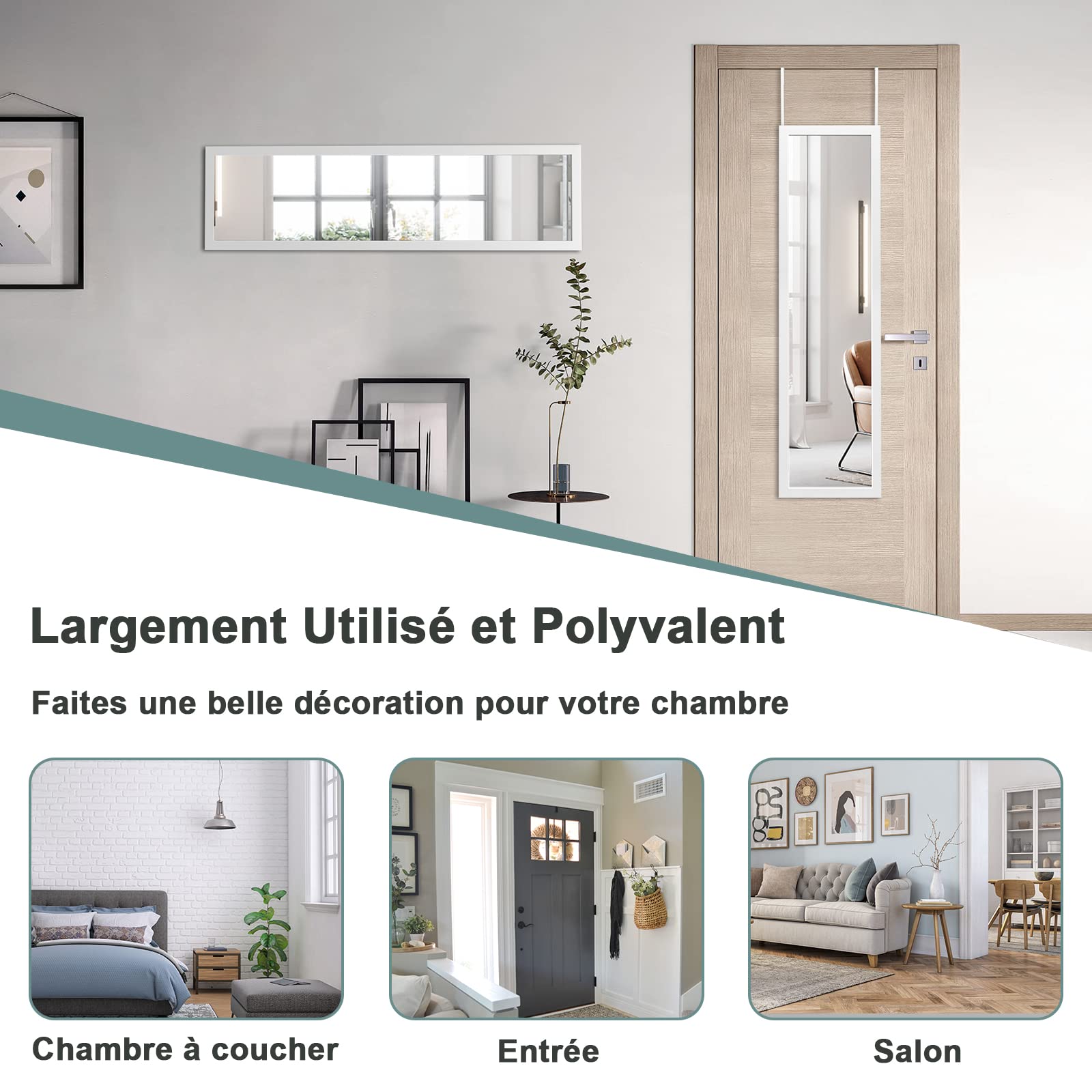 GOPLUS Espejo sobre toda la longitud por encima de la puerta, 119 cm x 33 cm Espejo de pared sobre toda la longitud con ganchos de suspensión para puerta, espejo integral (blanco)