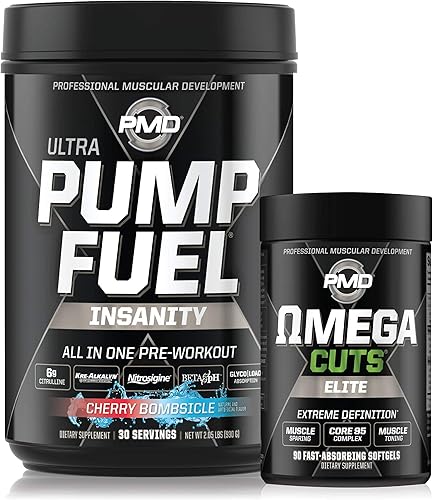 PMD Sports Ultra Pump Fuel Insanity - Pre entrenamiento - Cherry Bombsicle (30 porciones) Sports Omega Cuts Elite Thermogenic Fat Burner (90