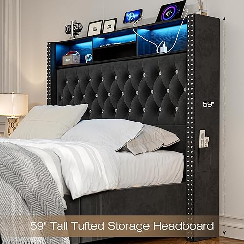 Miniatura 6 de CIKUNASI Base de cama tapizada tamaño Queen con 4 cajones de almacenamiento, base de cama de plataforma con cabecero de ala, luces LED, no necesita