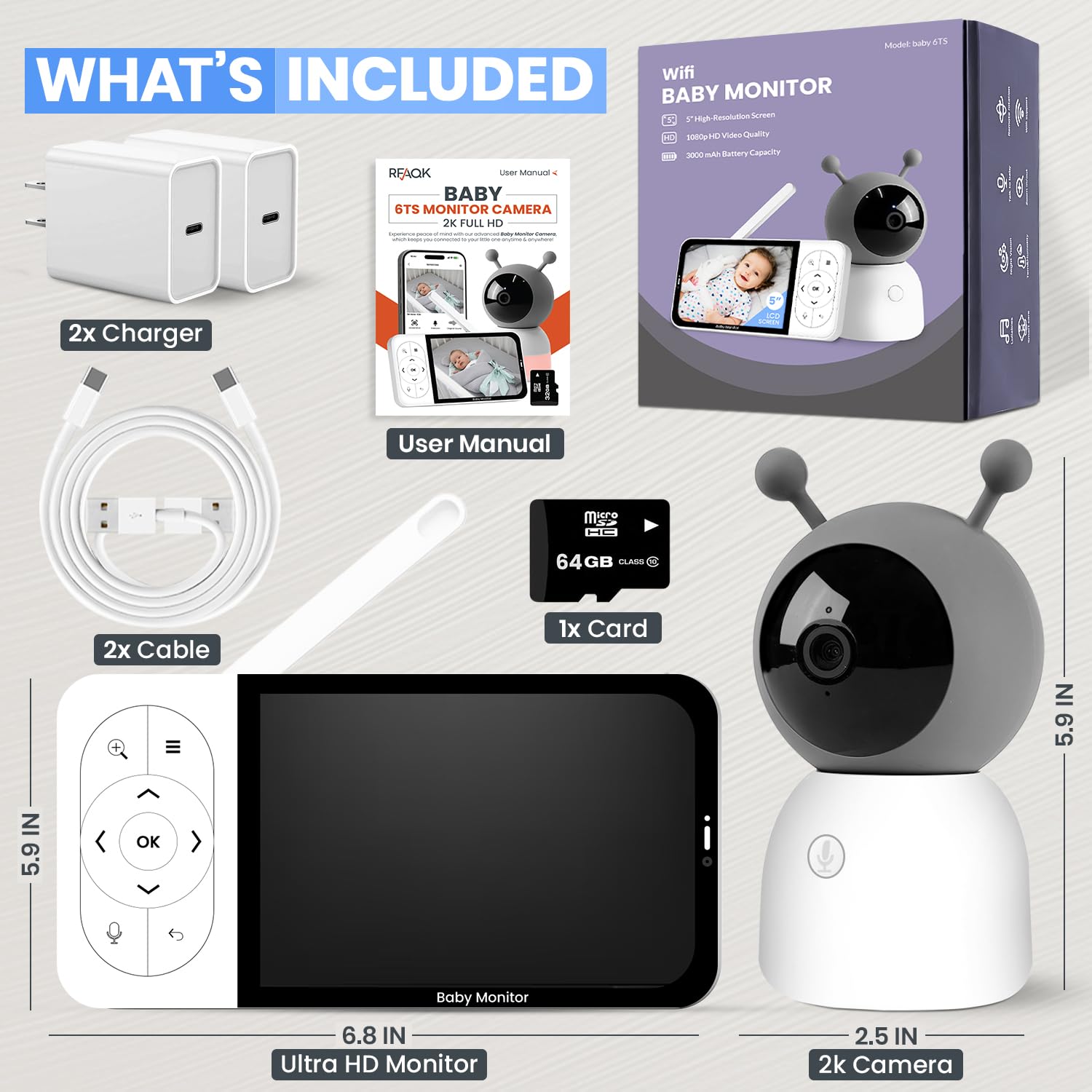 RFAQK Baby Monitor with WiFi, 2K Video Baby Camera Monitor 5" HD Screen, Night Vision - Image 2