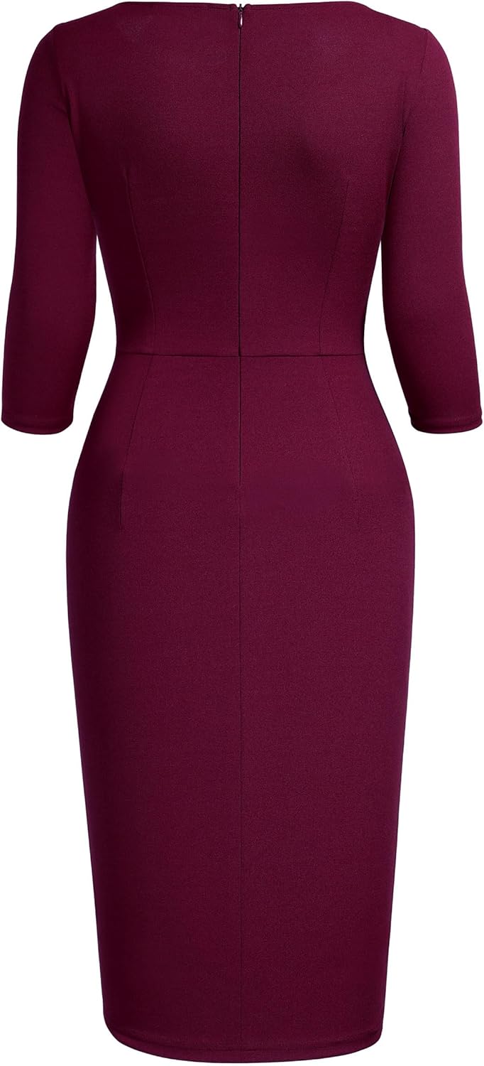 AISIZE Women's Retro 3/4 Sleeve Ruched Elegant Business Pencil Sheath Dress - Image 5