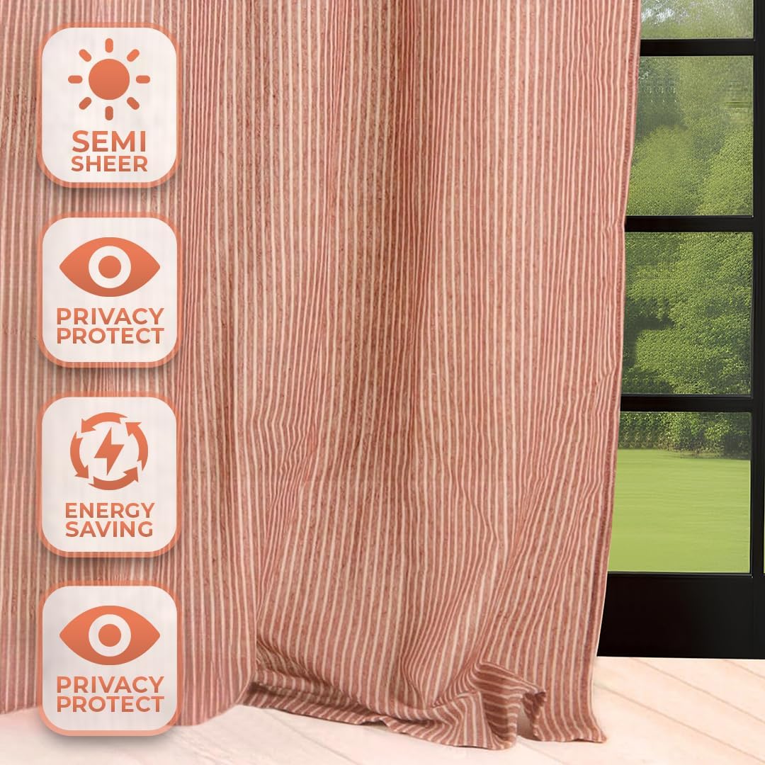 THE ART BOX Gauze Striped Curtains, Boho Linen Gauze Tie Top Hanging Curtains 2 Panel Set, Light Filtering Door Window for Bedroom/Living Room Home Décor Rust on Beige (L96”xW42” Each Panel)