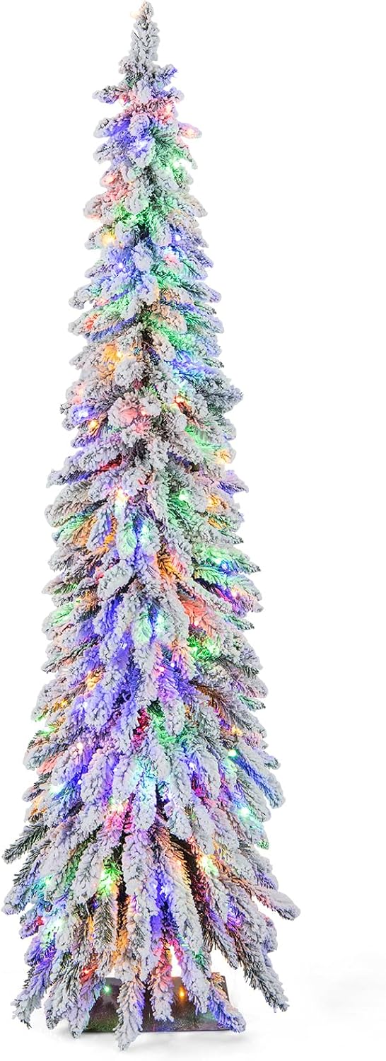 Amazon.com: Goplus 6ft Pre-Lit Flocked Christmas Tree, Artificial Slim ...