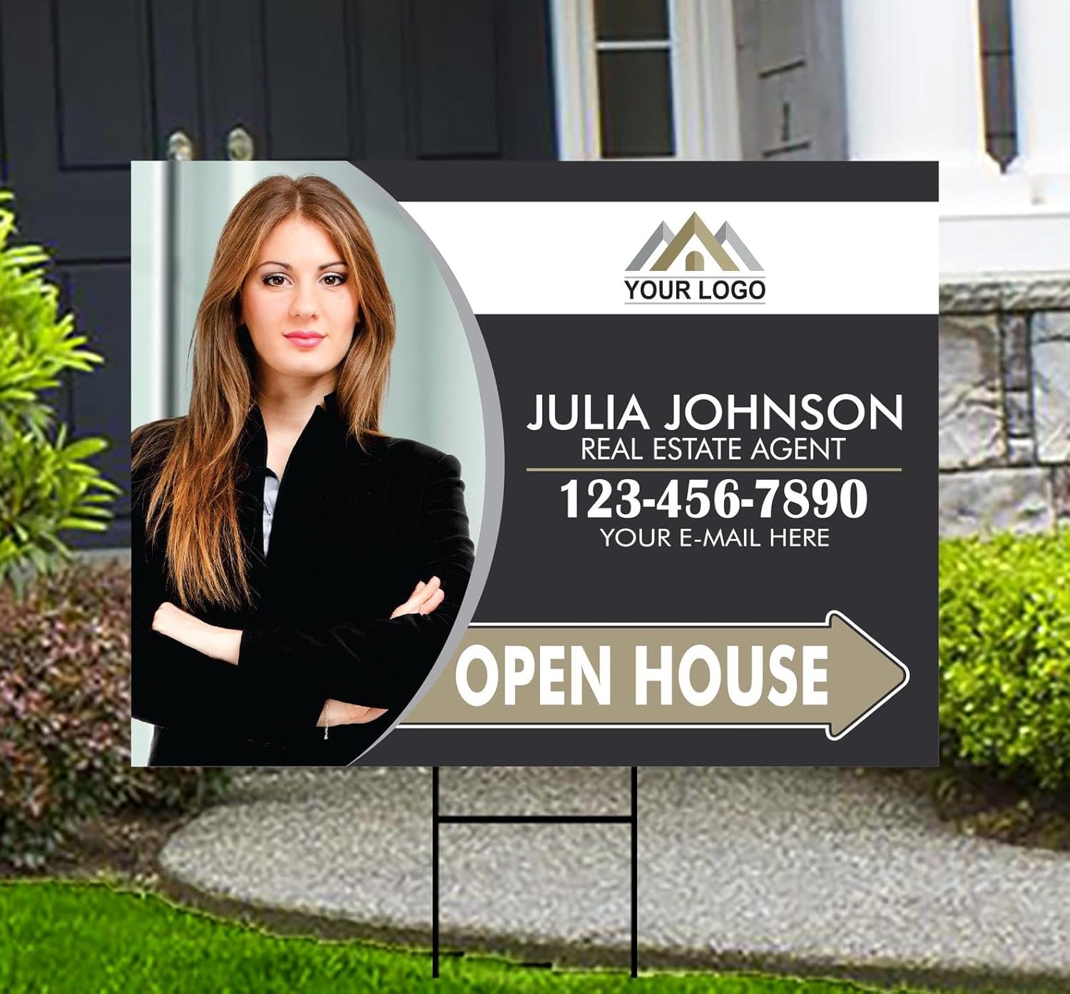 Personalized Real Estate Yard Sign - Coroplast Personalized Open House Yard Sign, Custom For Sale Realtor Lawn Sign with Metal H-Stake (Multicolor, 24" x 18", Double Sided)