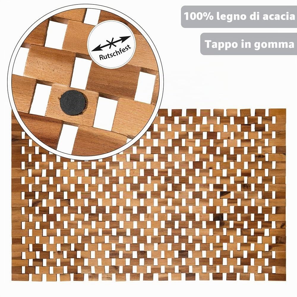 PANA®ECO Tappeto bagno in legno - 60x100 cm - 100% legno di acacia - Tappe | Tappeto in vero legno - Prodotto naturale - Antiscivolo, durevole e robustoo - Tappeto bagno igienico e facile da pulire