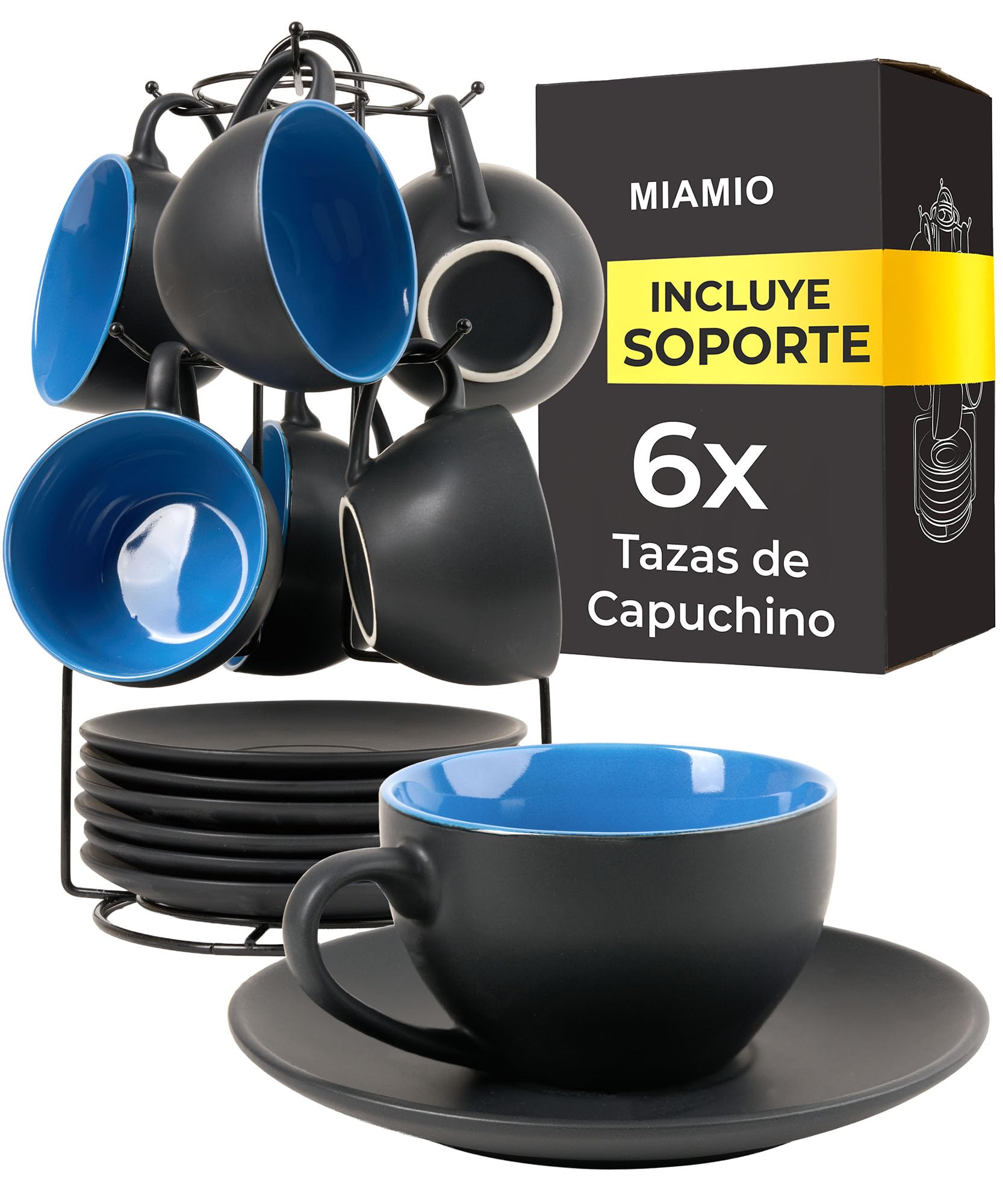 MIAMIO - Juego De Tazas De Cafe - 6 tazas de 175 ml Tazas de Cappuccino - Juego tazas de cafe Capuchino Taza Cafe - Colección Le Papillon (Azul)