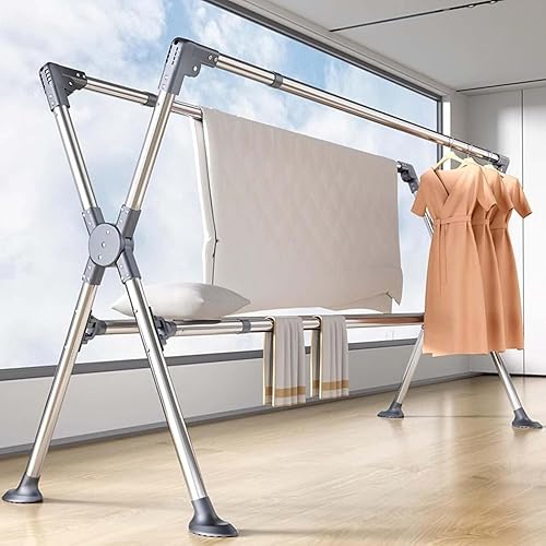 Miniatura 3 de Soporte de lavandería de acero inoxidable, plegable, resistente, longitud ajustable, perchero, estante para ropa sucia, estante de secado de