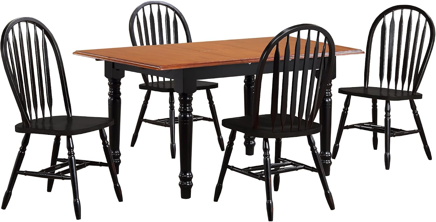 Sunset Trading Selections 5 Piece 60" Rectangular Extendable Windsor Arrowback Chairs | Butterfly Leaf Table | Antique Black/Cherry Wood Dining Set, 2 Size Expandable, Seats 6