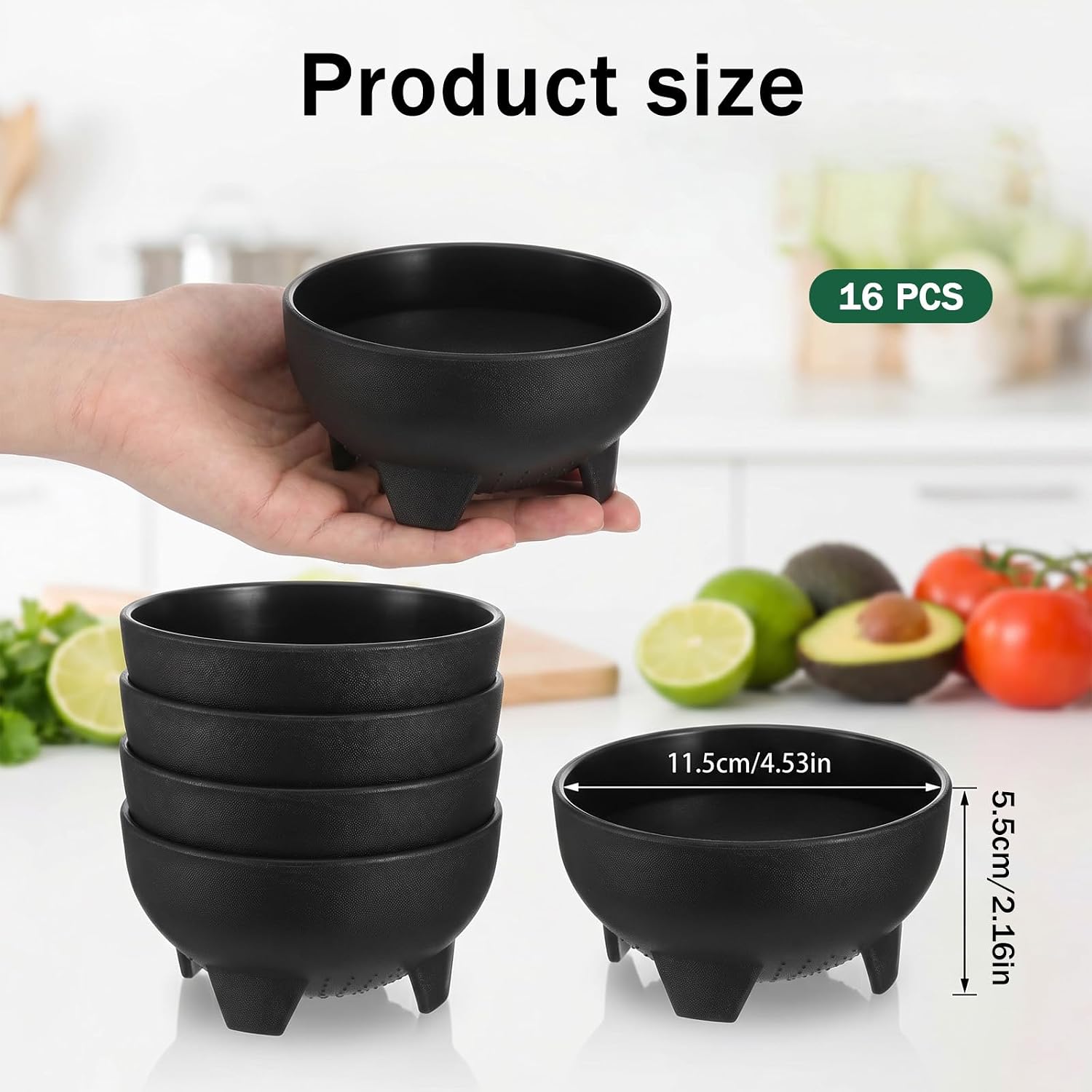 16 Salsa Bowls for Party, 4.3" Plastic Guacamole Bowls Black Chip Bowls