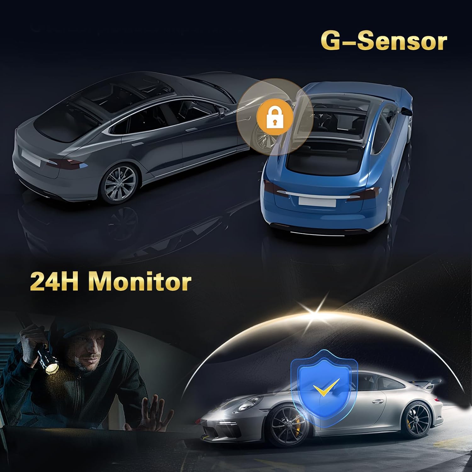 Illustration of G-Sensor detecting impact between two cars and 24-hour parking monitor detecting a person near a parked car.