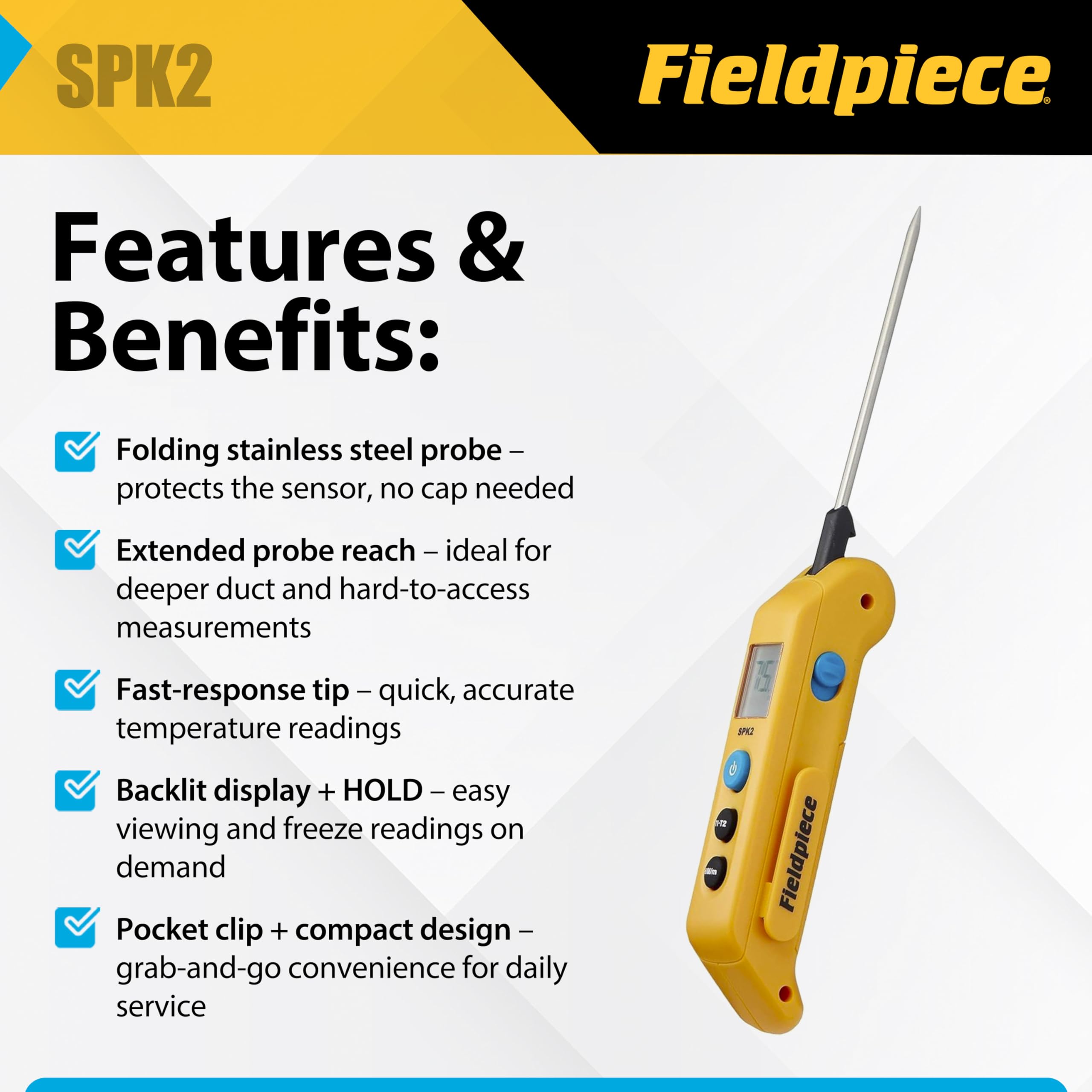 Fieldpiece spk2 plegable bolsillo in-duct termómetro con Max/Min Hold y sonda de acero inoxidable