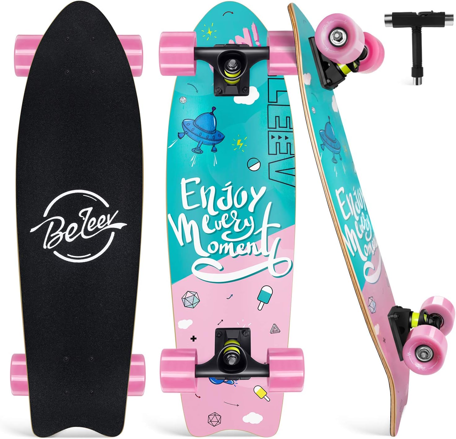 BELEEV Cruiser Skateboards for Beginners, 27x8 inch Complete Skateboard for Kids Teens Adults, 7 Ply Canadian Maple Double Kick Deck Concave Trick Skateboard with All-in-One Skate T-Tool