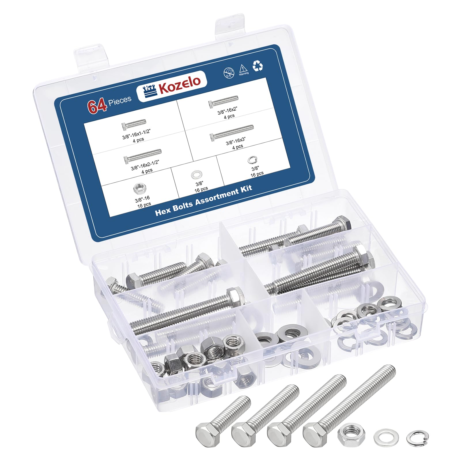Kozelo 64 Pcs Bolts and Nuts Washers Kit - [3/8"] 304 Stainless Steel Hex Tap Bolt Assortment Fully Threaded Hexagon Head Machine Bolts Right Hand External Hex Drive, Silver Tone — image 1