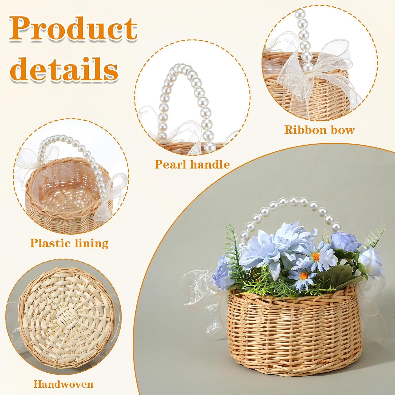 2 PCS Handwoven Flower Girl Basket Small Wicker Basket with Pearl Handle and Bow for Wedding Decor, Home, Picnic, Rustic Decoration (Brown)