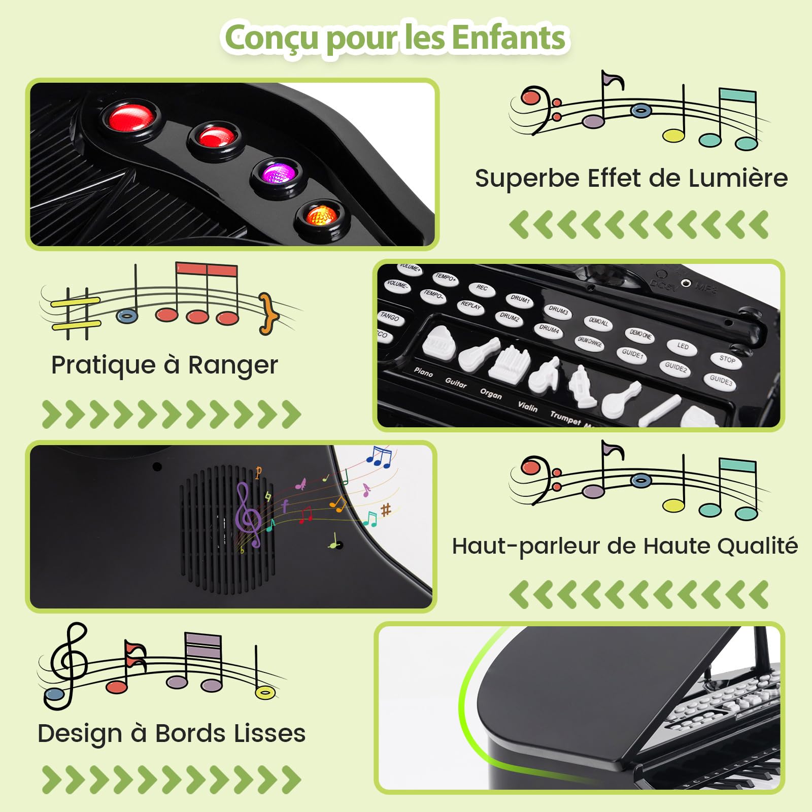 COSTWAY Piano Numérique 37 Touches pour Enfants avec Tabouret & Microphone, Piano Electronique Portable avec Mode d'Enseignement LED & MP3, Piano Enfants 3 Ans, Charge 50kg(37 Touches, Noir)