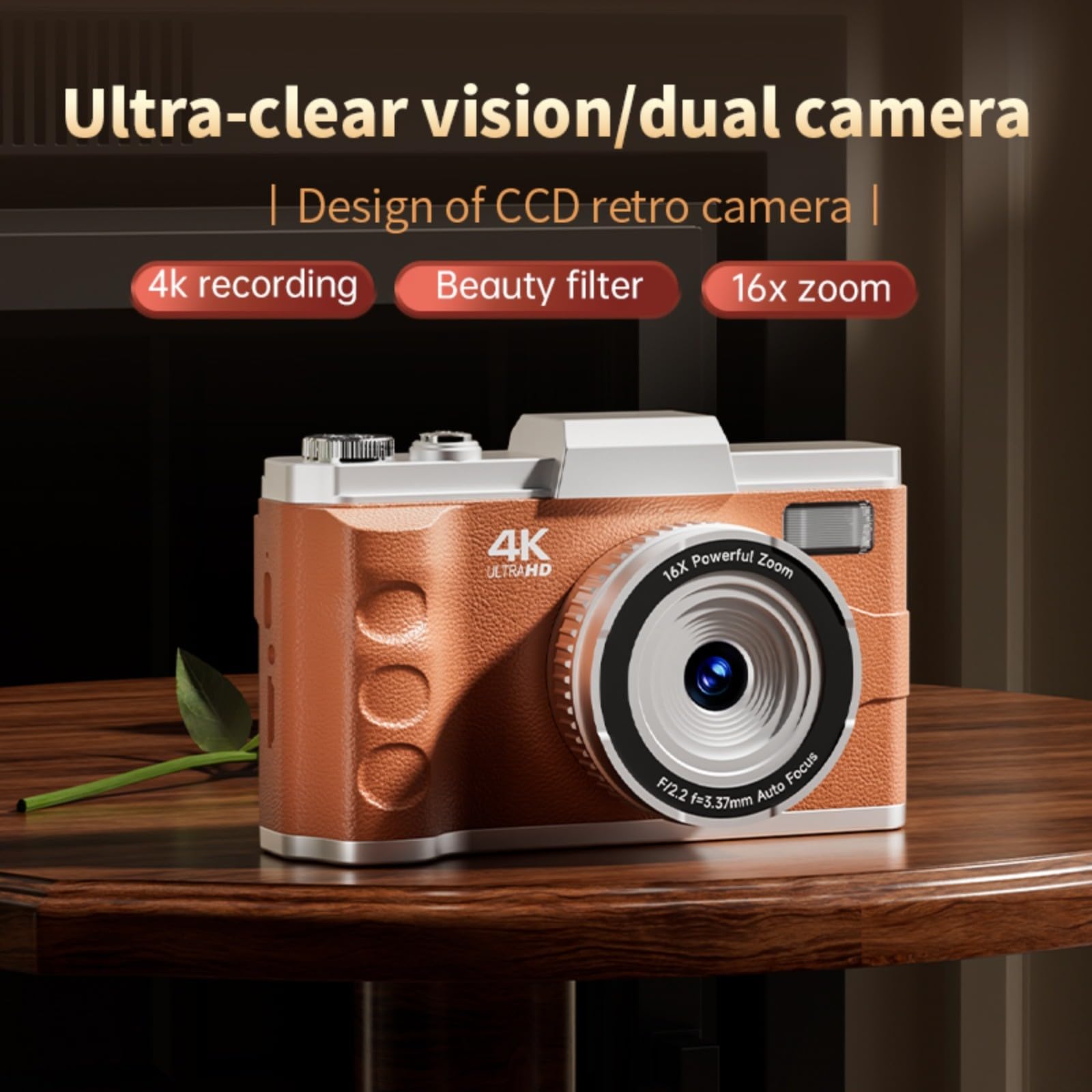 Fotocamera digitale da 64 MP 4 K con messa a fuoco automatica per videocamera, schermo LCD da 3,0 pollici, zoom 16x, funzionamento manuale, fotografia di viaggio, marrone (nero)