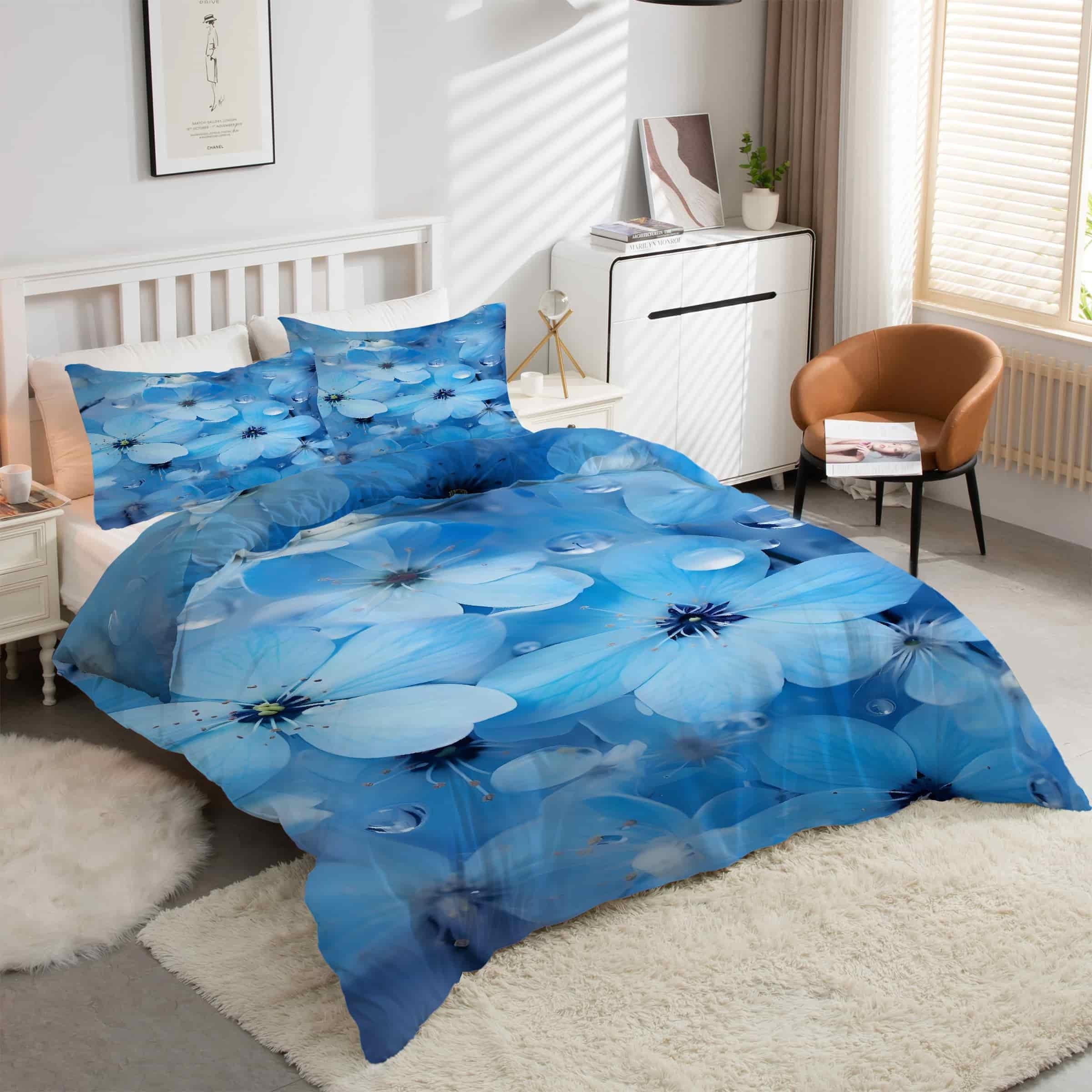 Housse de couette bleu fleurs pour créer une chambre zen et fleurie