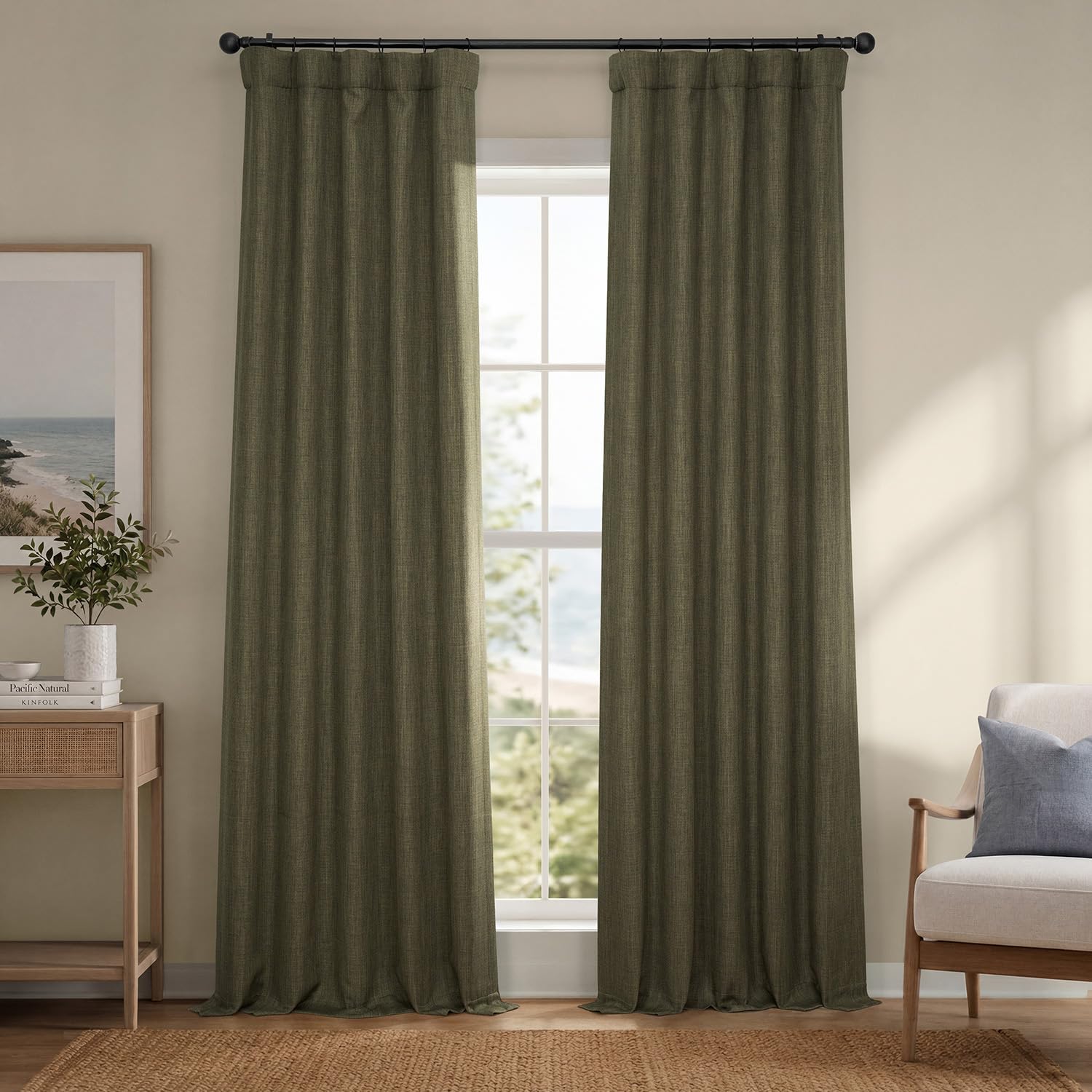 Cortinas de lino sintético que oscurecen el salón con elegancia natural