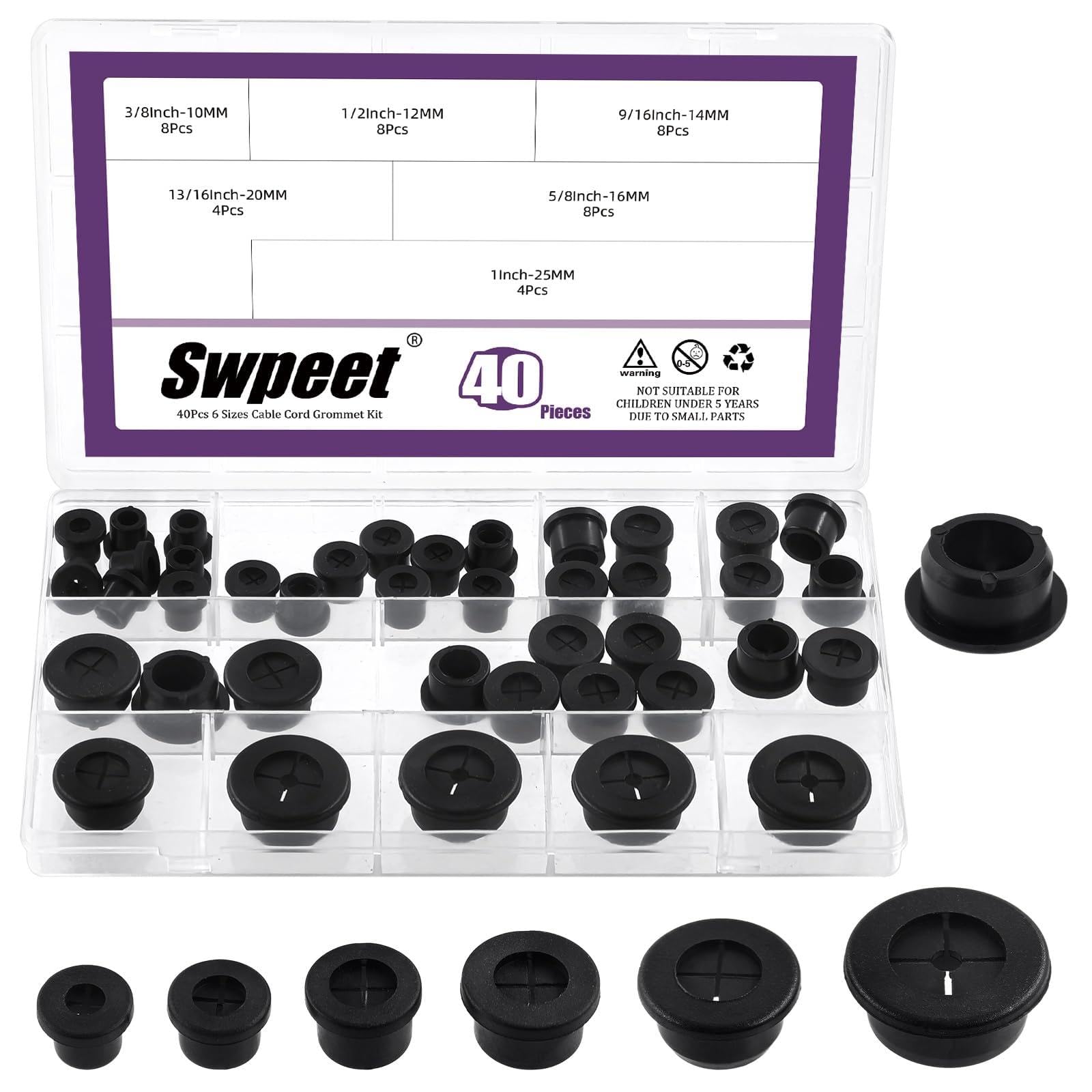 Swpeet 40Pcs 6 Sizes Black Cable Cord Grommet Assortment Kit, Flexible Wire Rubber Grommets, Wire Hole Cover Pass Through, Desk Grommet, Desk Hole Cover for Office Home Computer Desk Wire Organizer