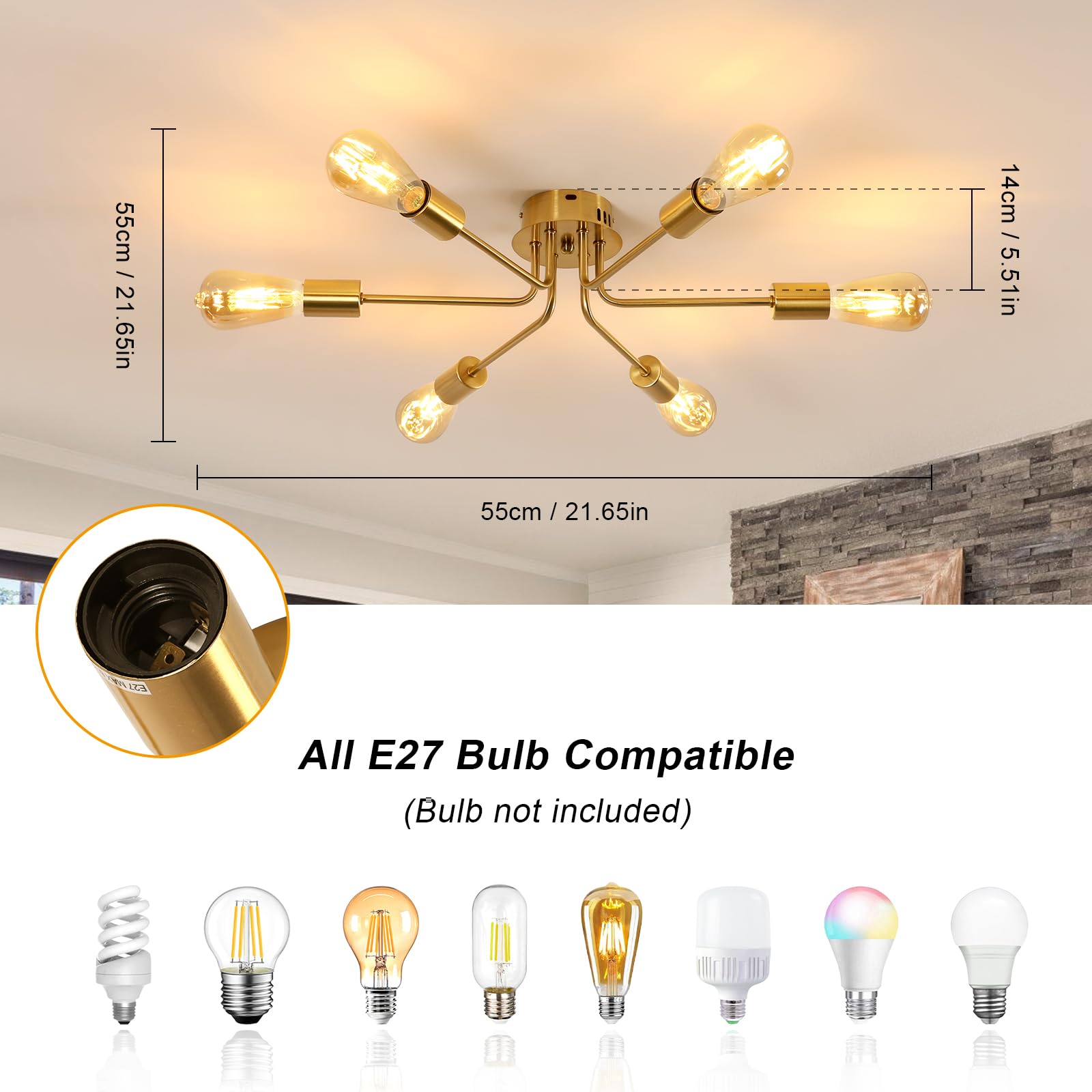 ANWIO Lustre Salon 6x E27, Plafonnier Industriel Noir, Luminaire