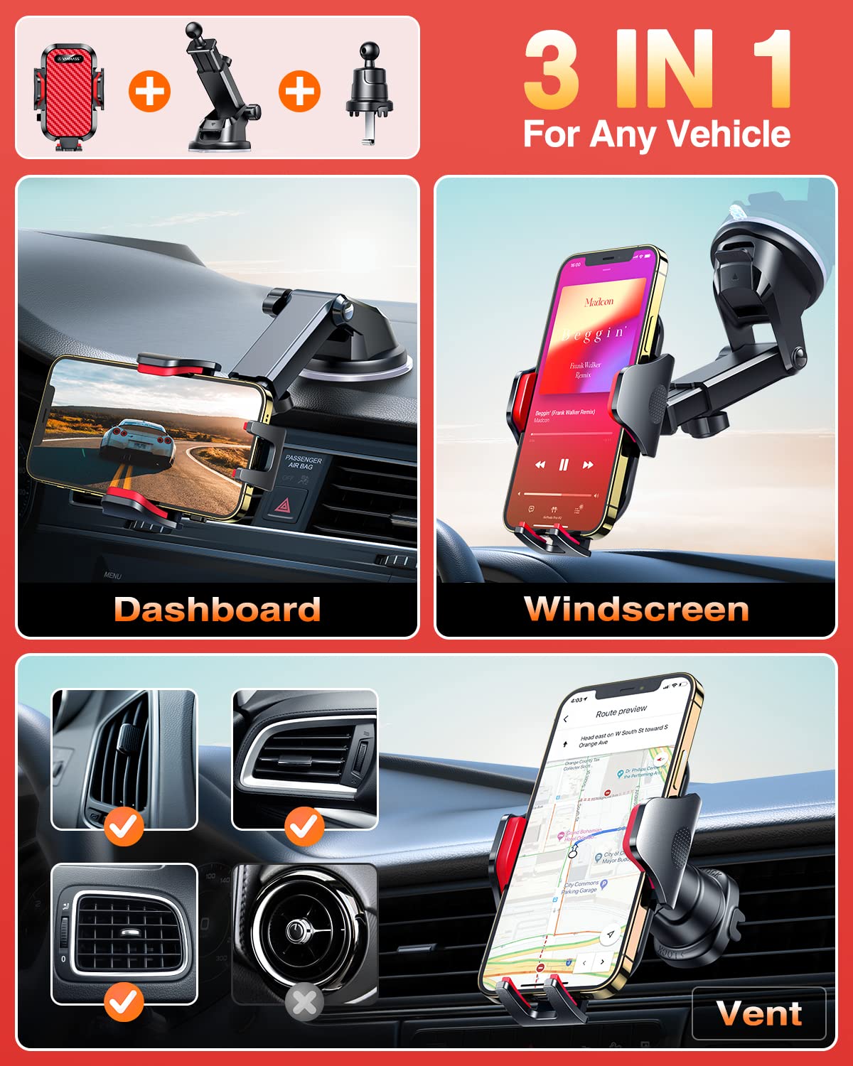 VANMASS [2023 Max Upgraded] Car Phone Holder Mount ã€?Military-Grade Certã€‘ Strongest Suction Dashboard Cell Stand Dash Windshield Vent Truck Automobile Cradles for iPhone 14 Pro Max 13 12 11 Samsung