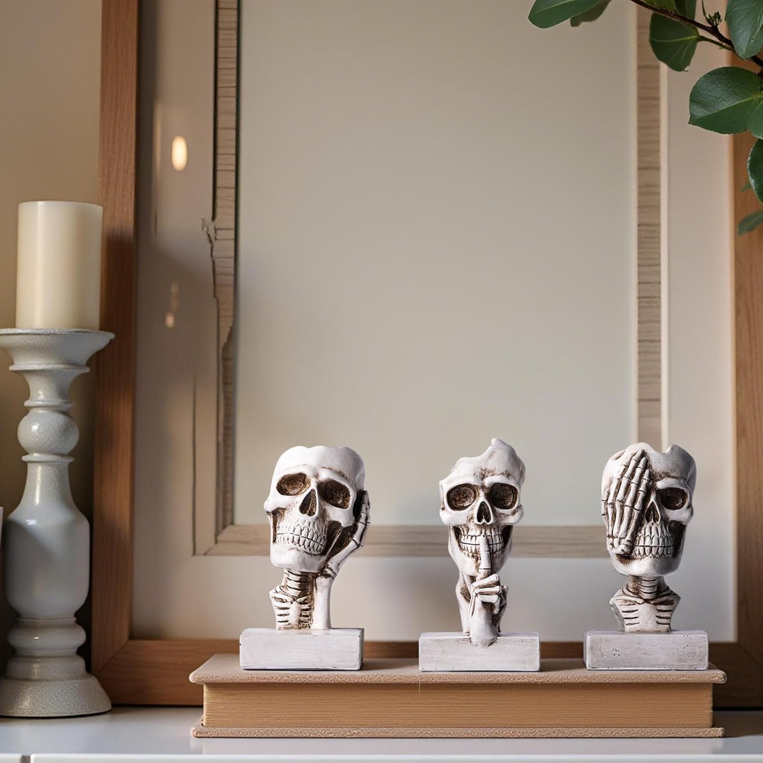 See Hear Speak No Evil Skeleton Figurines Set,Gothic Evil Skull Trio Statue,Vintage Skeletons for Halloween Decorations Indoor,Living Room Fireplace Floating Shelf Coffee Table Centerpiece Decor