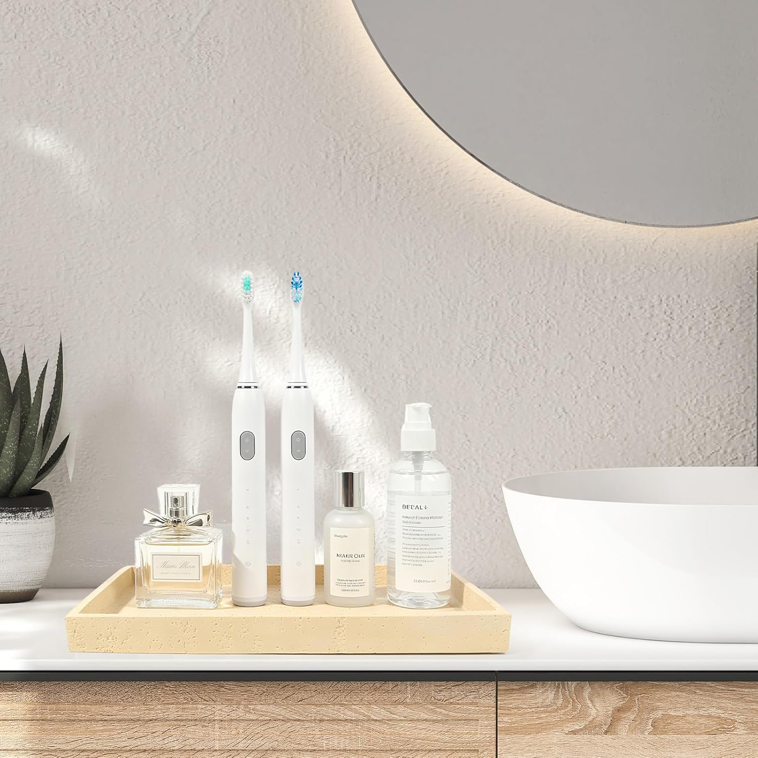 Artificial Travertine Tray, 12"x8" Perfume Tray for Bathroom Counter, Vanity, Home Organizer, Decorative Marble Trays for Perfume, Jewelry, Candles, Coffee, Rectangle, Yellow