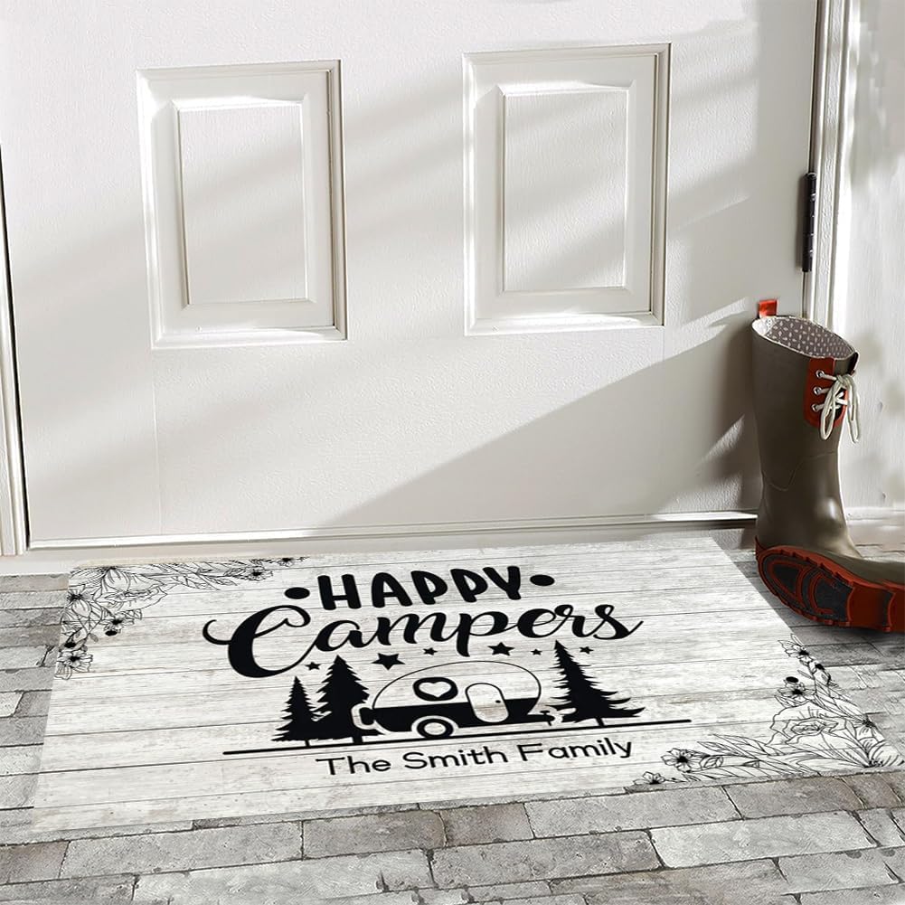 Personalized Camper RV Door Mat,Welcome Happy Camper Camping Doormat for Campervan Caravan Motorhomes,Non-Slip Entrance Rug Camping Floor Mat(Patten 10,24"x 35")